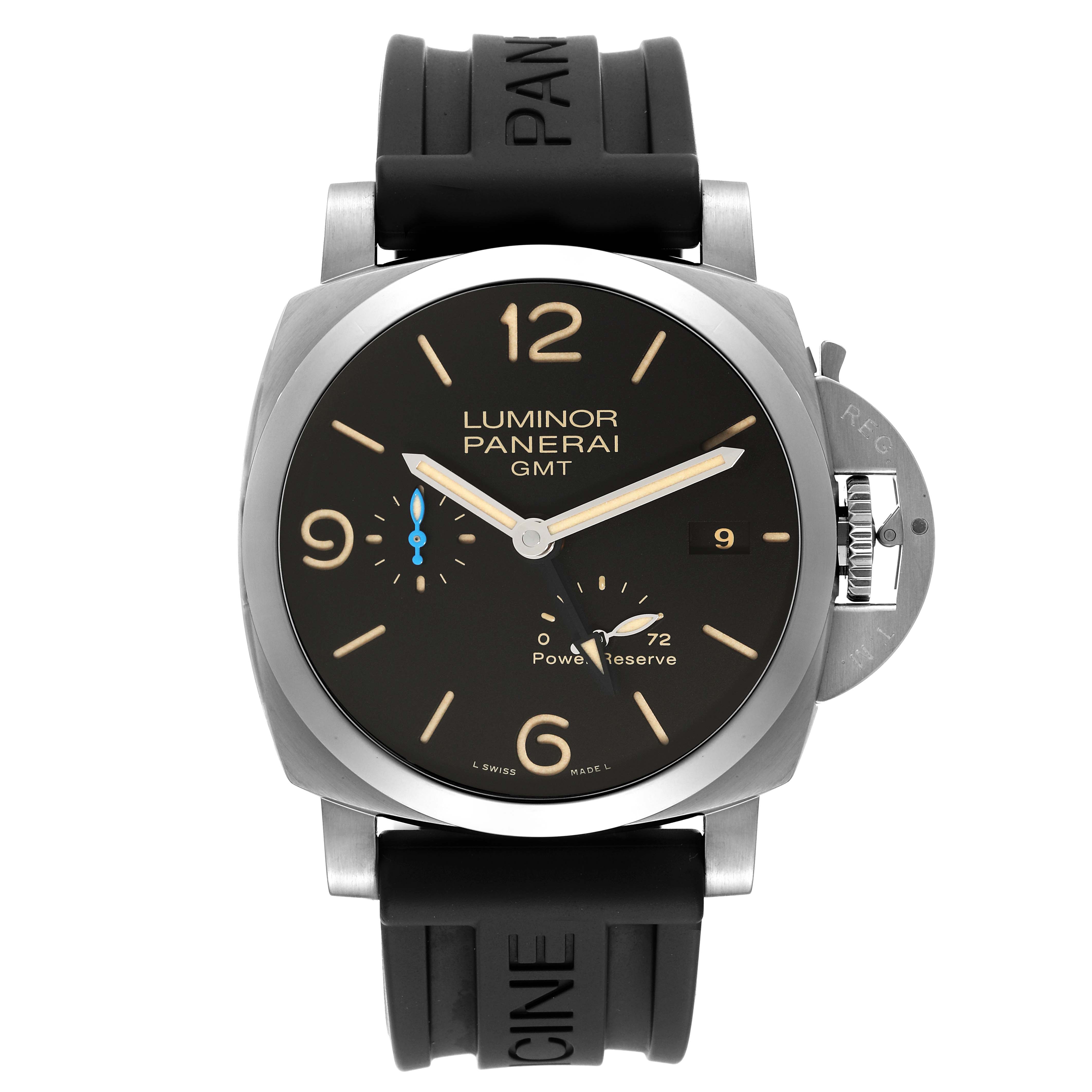 The image shows a front view of the Panerai Luminor PAM01321 Men
s Stainless Steel Black Dial PAM01321 Men
s Stainless Steel Black Dial GMT watch, displaying the dial, case, and rubber strap.