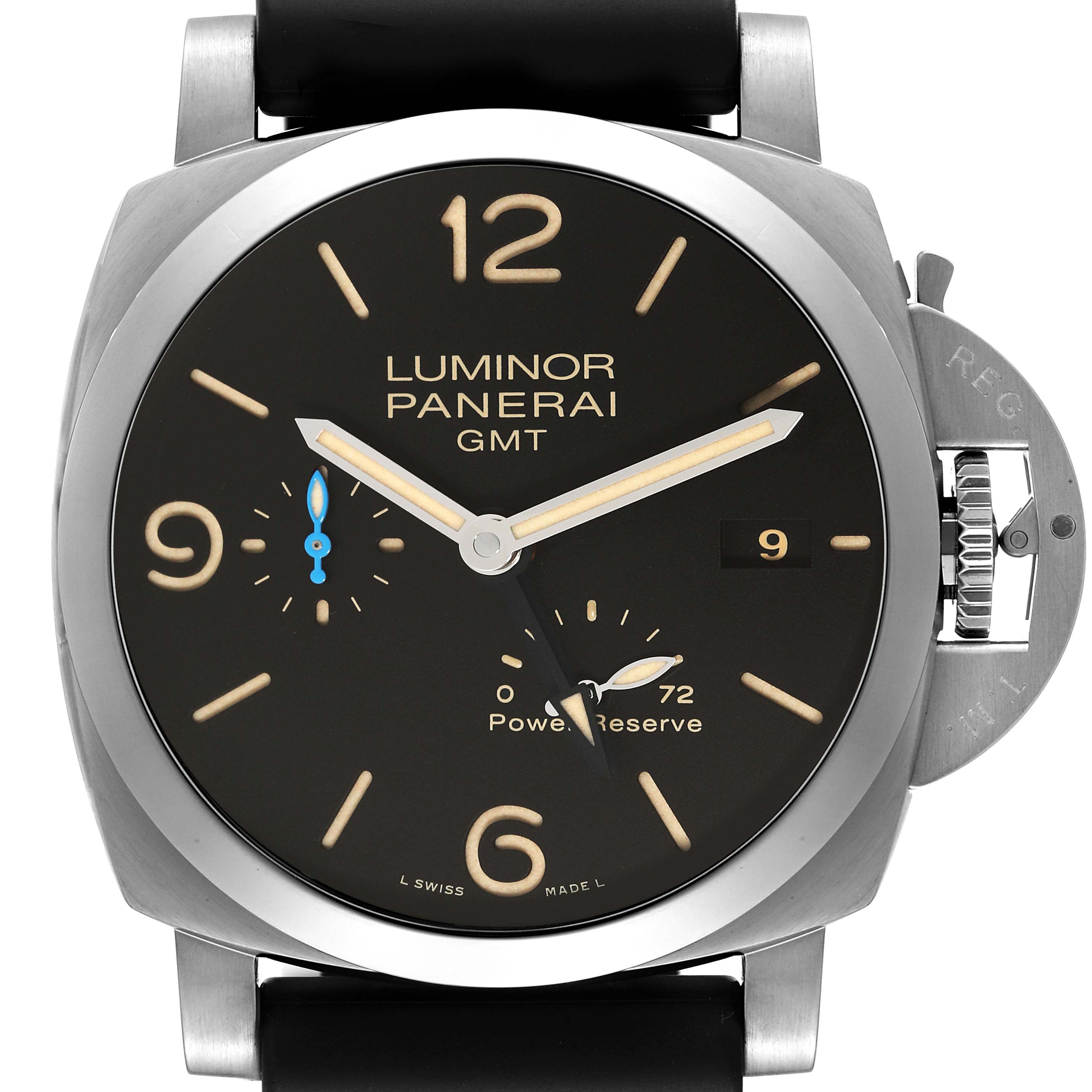 This image shows a front view of a Panerai Luminor PAM01321 Men
s Stainless Steel Black Dial PAM01321 Men
s Stainless Steel Black Dial GMT watch, highlighting its dial, hands, and crown protector.