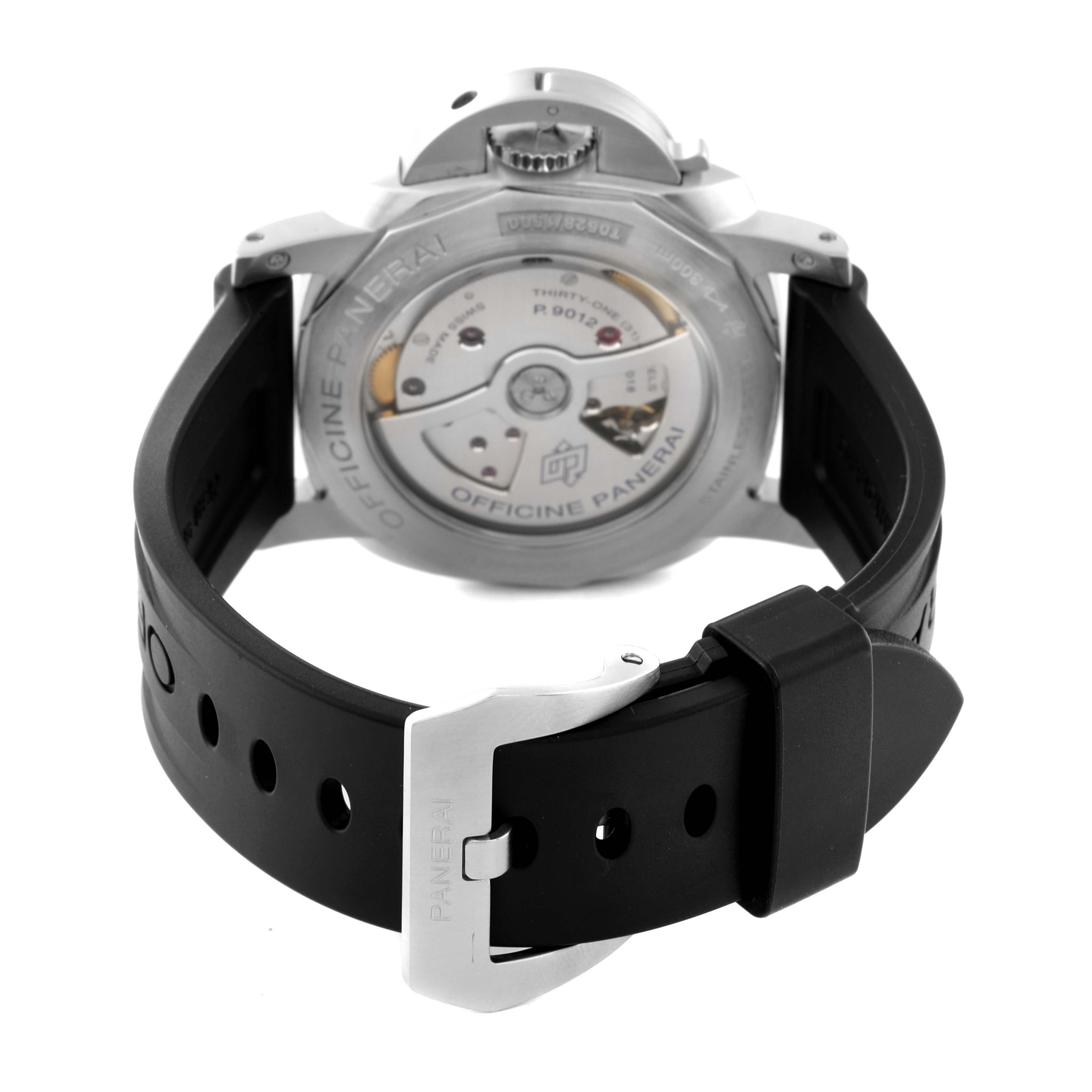 This image shows the back view of a Panerai Luminor PAM01321 Men
s Stainless Steel Black Dial PAM01321 Men
s Stainless Steel Black Dial watch, highlighting the movement and black rubber strap.