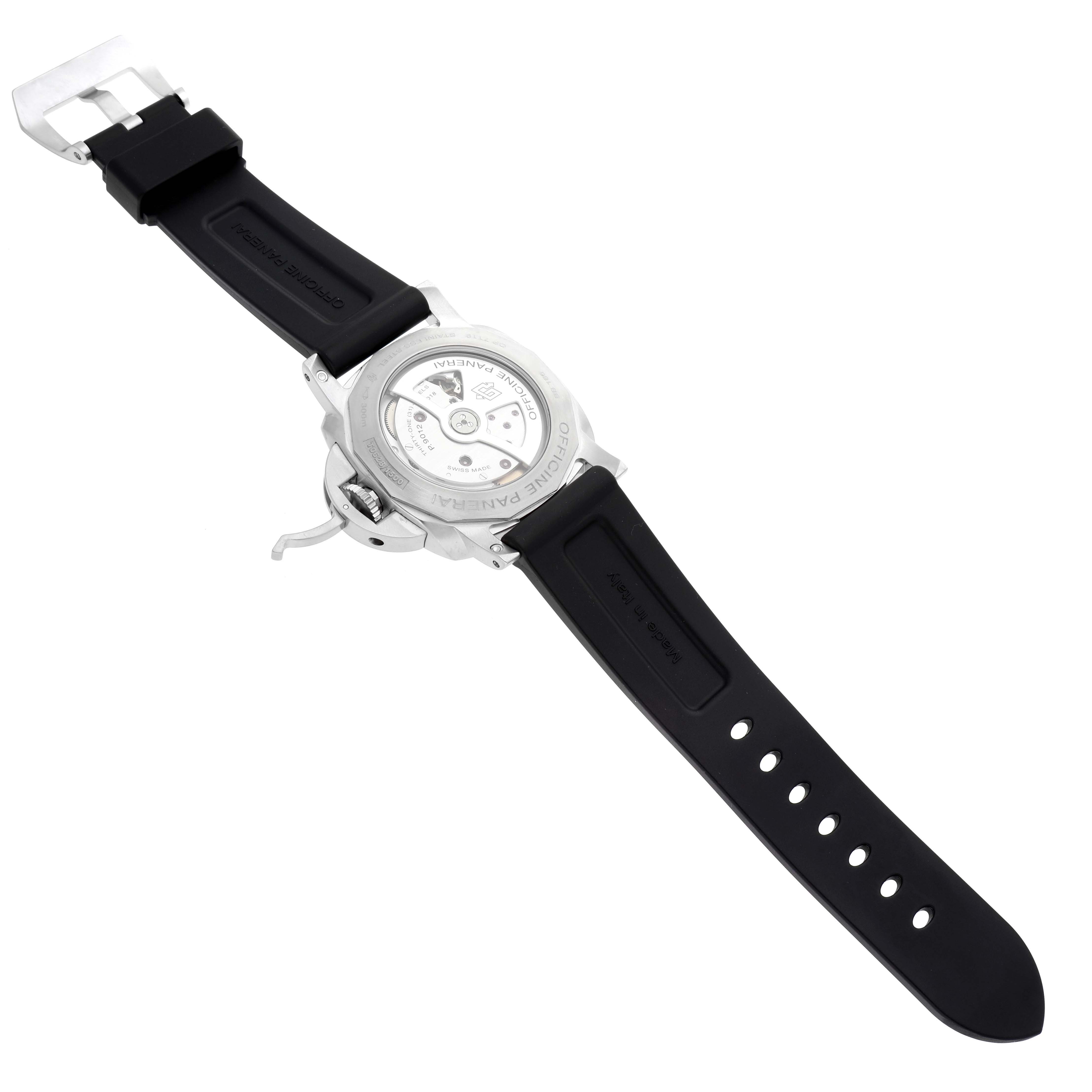 This Panerai Luminor PAM01321 Men
s Stainless Steel Black Dial PAM01321 Men
s Stainless Steel Black Dial watch is shown from the back, revealing its case back, movement, and black rubber strap.