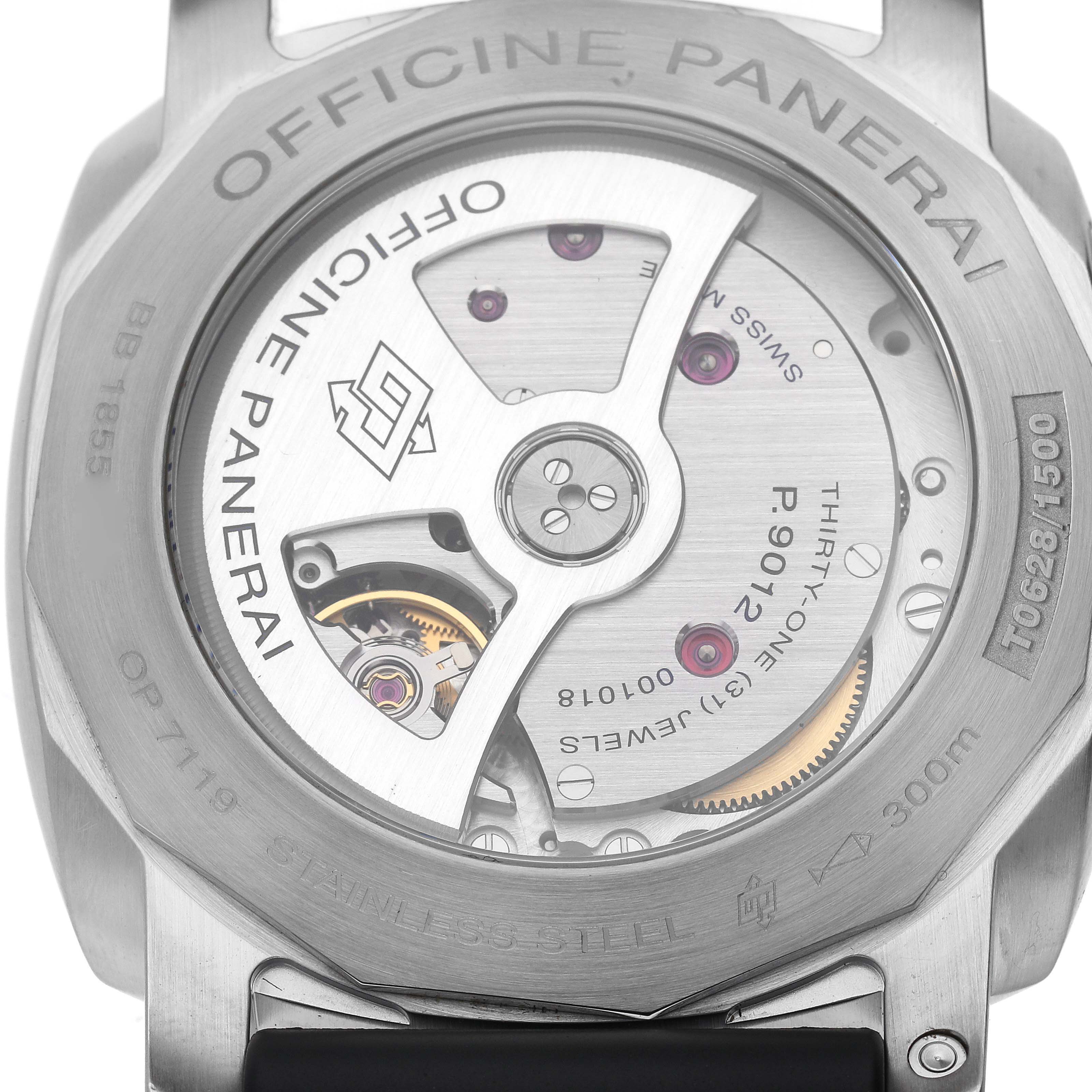 The image shows the back view of the Panerai Luminor PAM01321 Men
s Stainless Steel Black Dial PAM01321 Men
s Stainless Steel Black Dial watch, highlighting its movement and inner mechanisms.