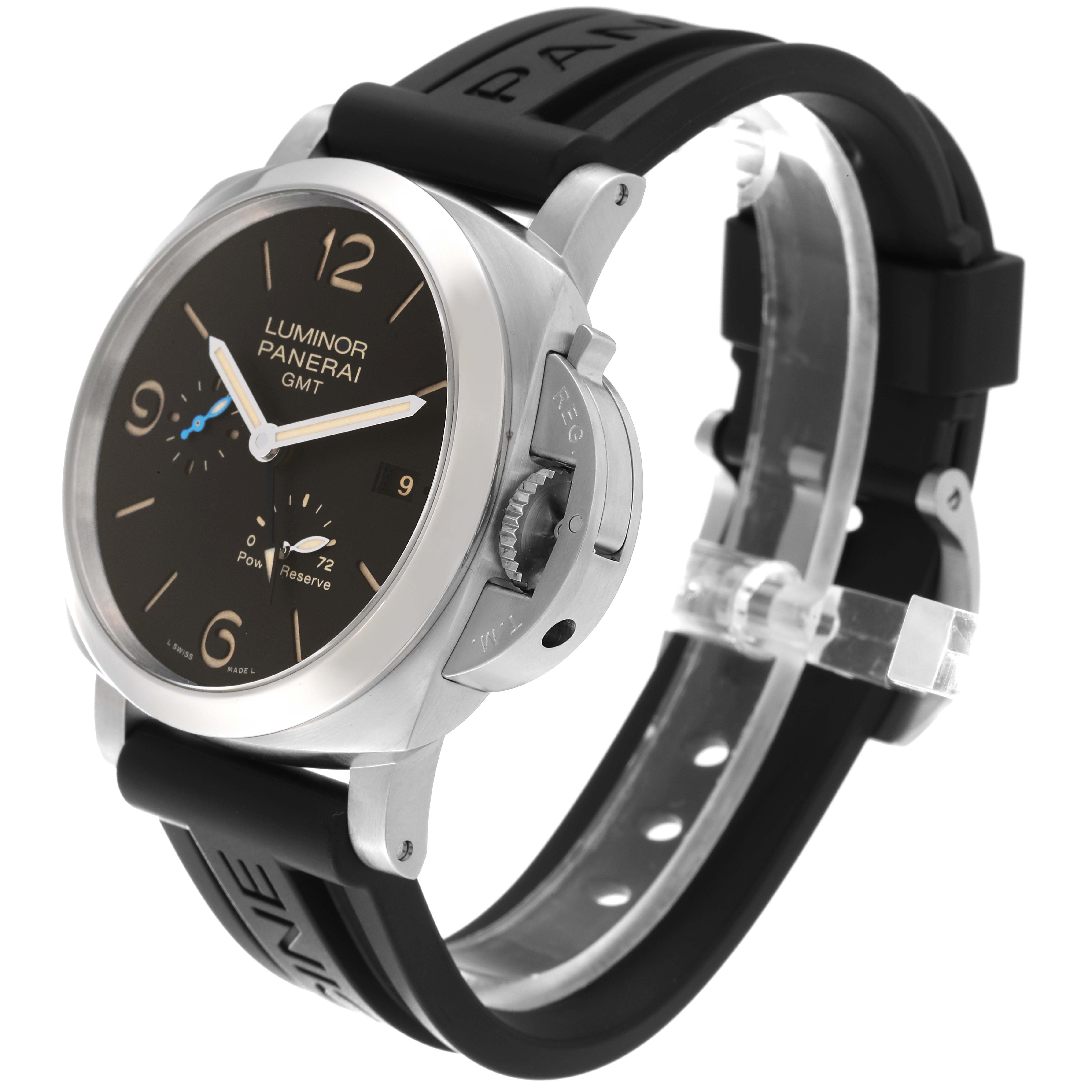 The image displays a side and front angle of the Panerai Luminor PAM01321 Men
s Stainless Steel Black Dial PAM01321 Men
s Stainless Steel Black Dial model watch, highlighting the black rubber strap, crown guard, and dial.