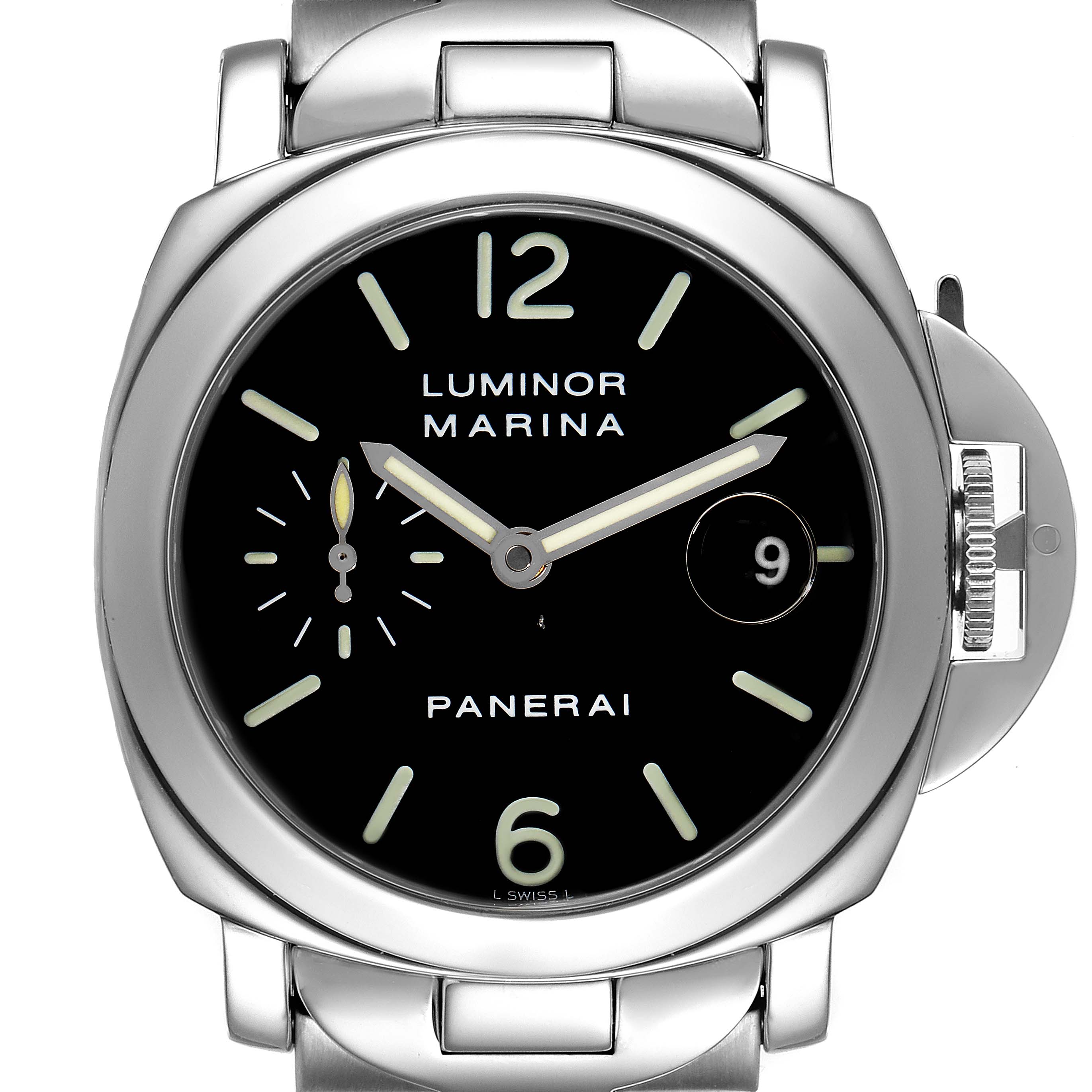 The image shows a front view of a Panerai Luminor PAM00050 Men's Stainless Steel Black Dial PAM00050 Men's Stainless Steel Black Dial Marina watch, highlighting the watch face, hands, numerals, and strap.