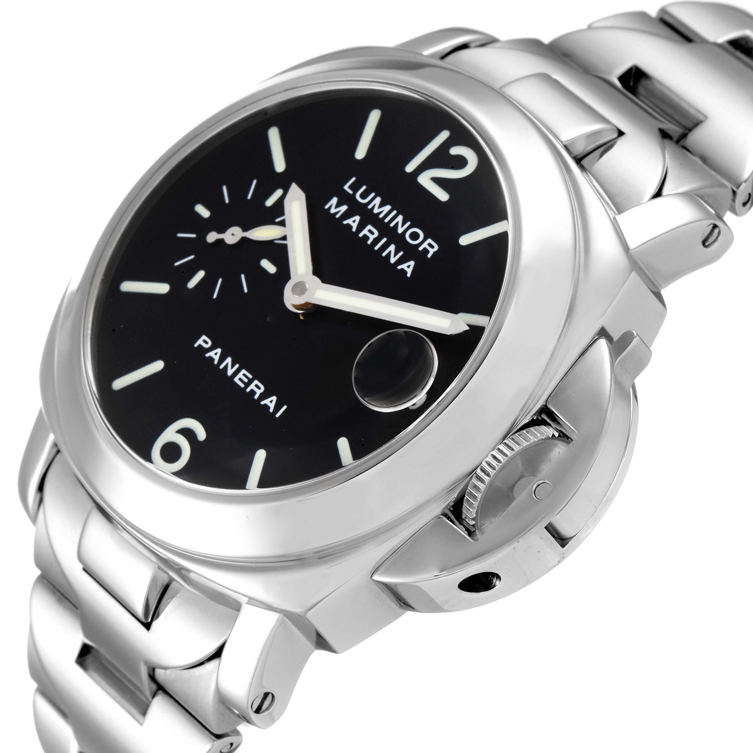 This Panerai Luminor PAM00050 Men's Stainless Steel Black Dial PAM00050 Men's Stainless Steel Black Dial watch is shown at an angled view, highlighting its face, crown guard, and stainless steel bracelet.