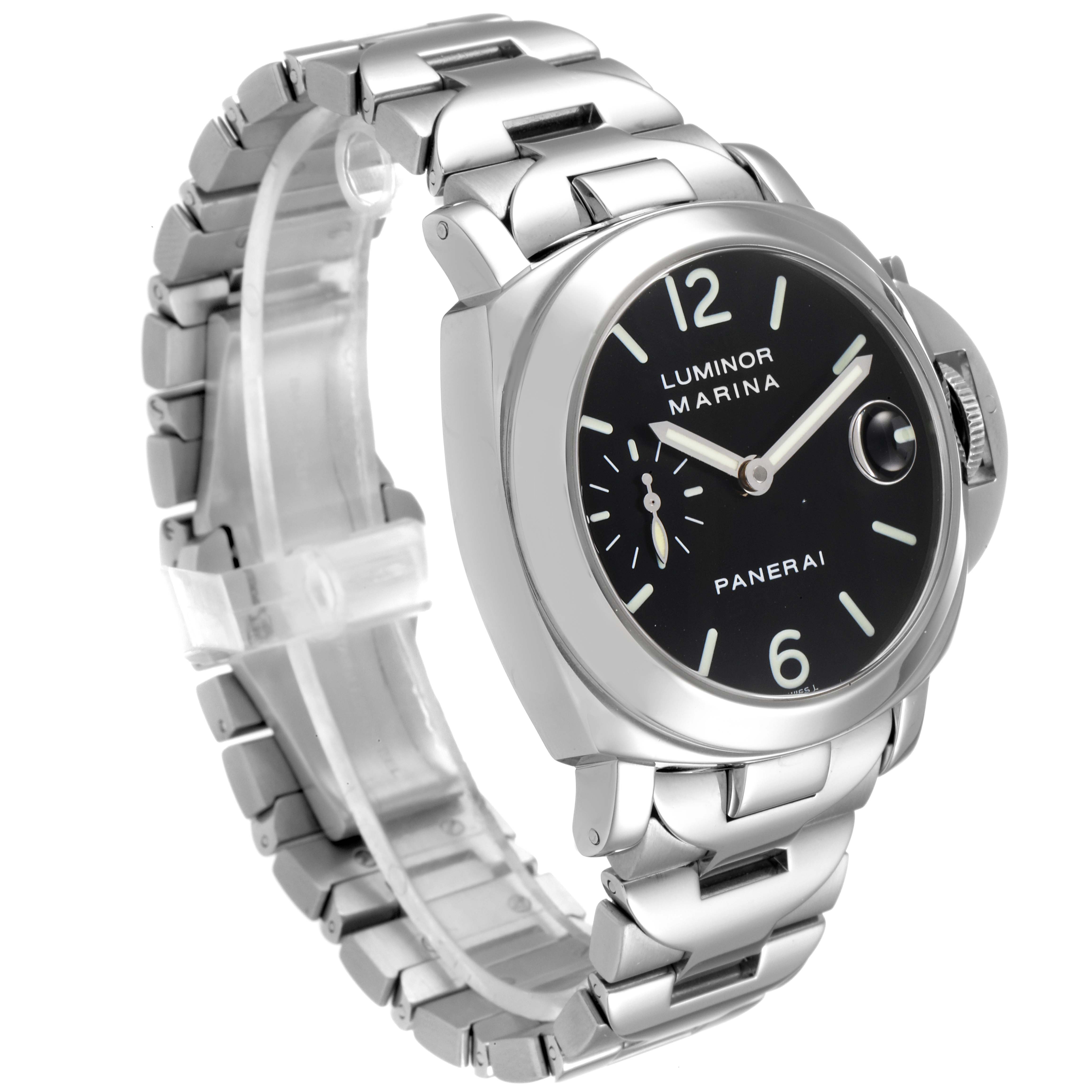 The image shows a front-side angled view of a Panerai Luminor PAM00050 Men's Stainless Steel Black Dial PAM00050 Men's Stainless Steel Black Dial watch, highlighting its dial, case, and stainless steel bracelet.