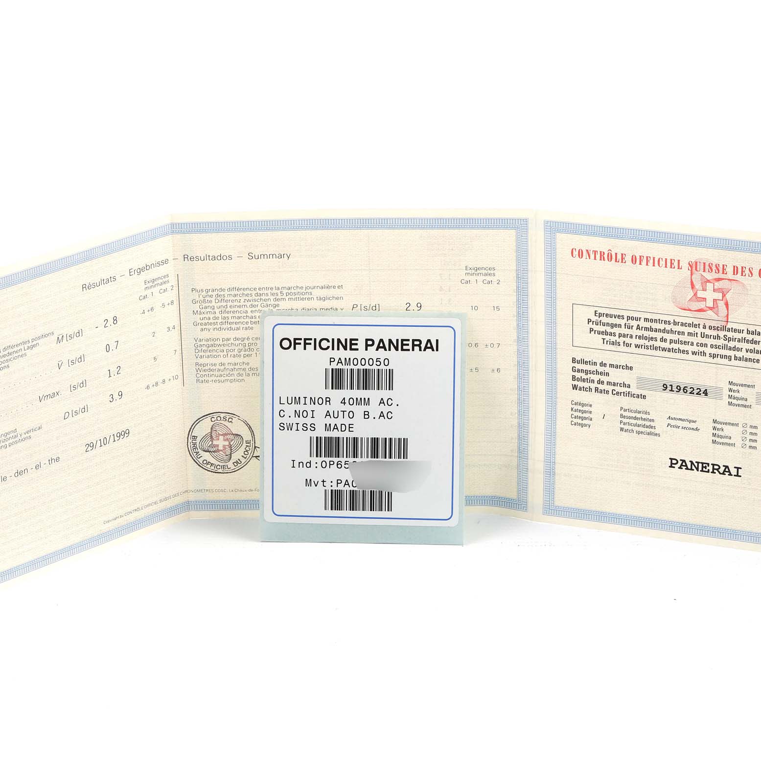 The image shows documentation for a Panerai Luminor PAM00050 Men's Stainless Steel Black Dial PAM00050 Men's Stainless Steel Black Dial model watch, including a certificate and identification label.