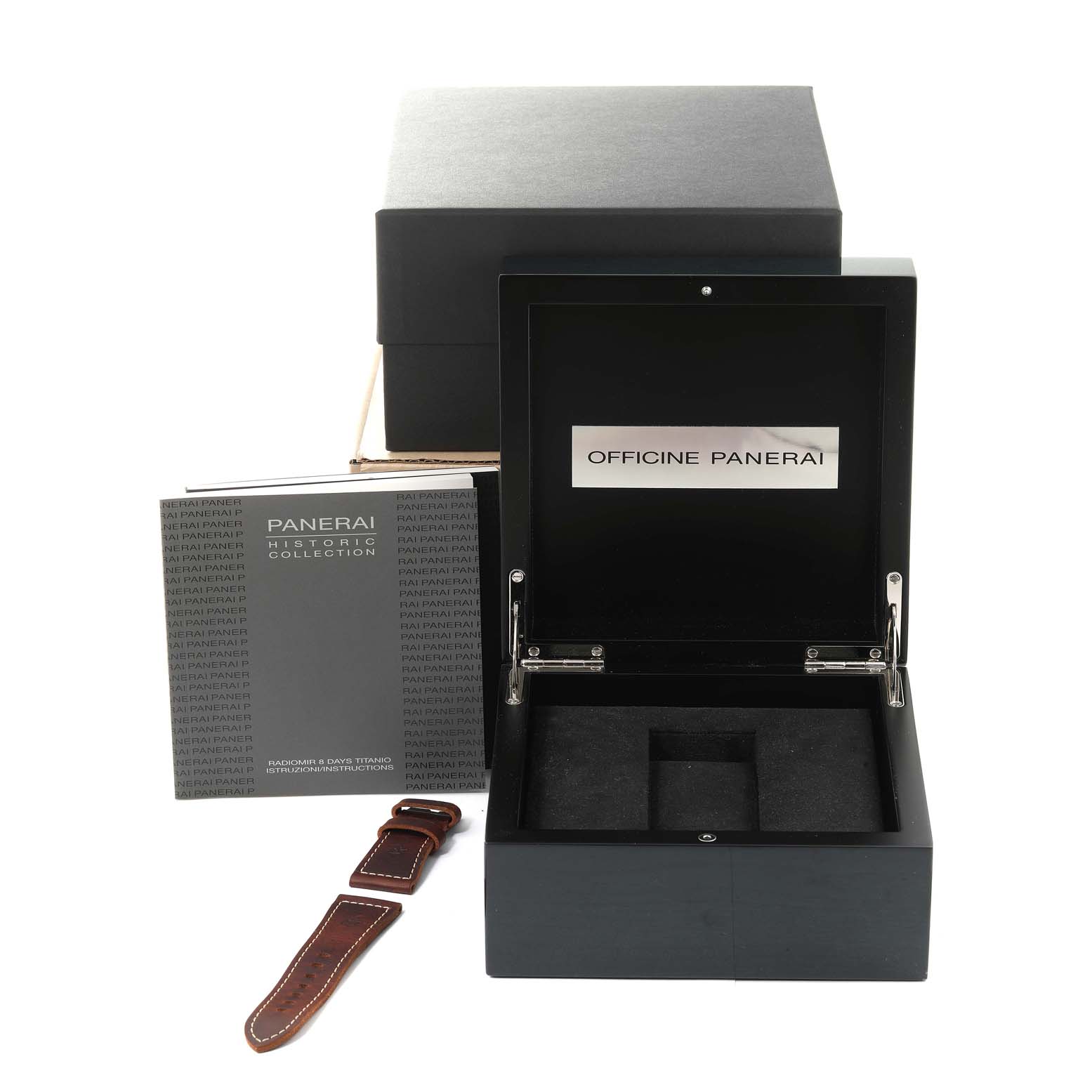 The image shows the Panerai Radiomir PAM00736 Men's Titanium Green Dial PAM00736 Men's Titanium Green Dial watch box, manual, and an extra leather strap from a front-facing angle.