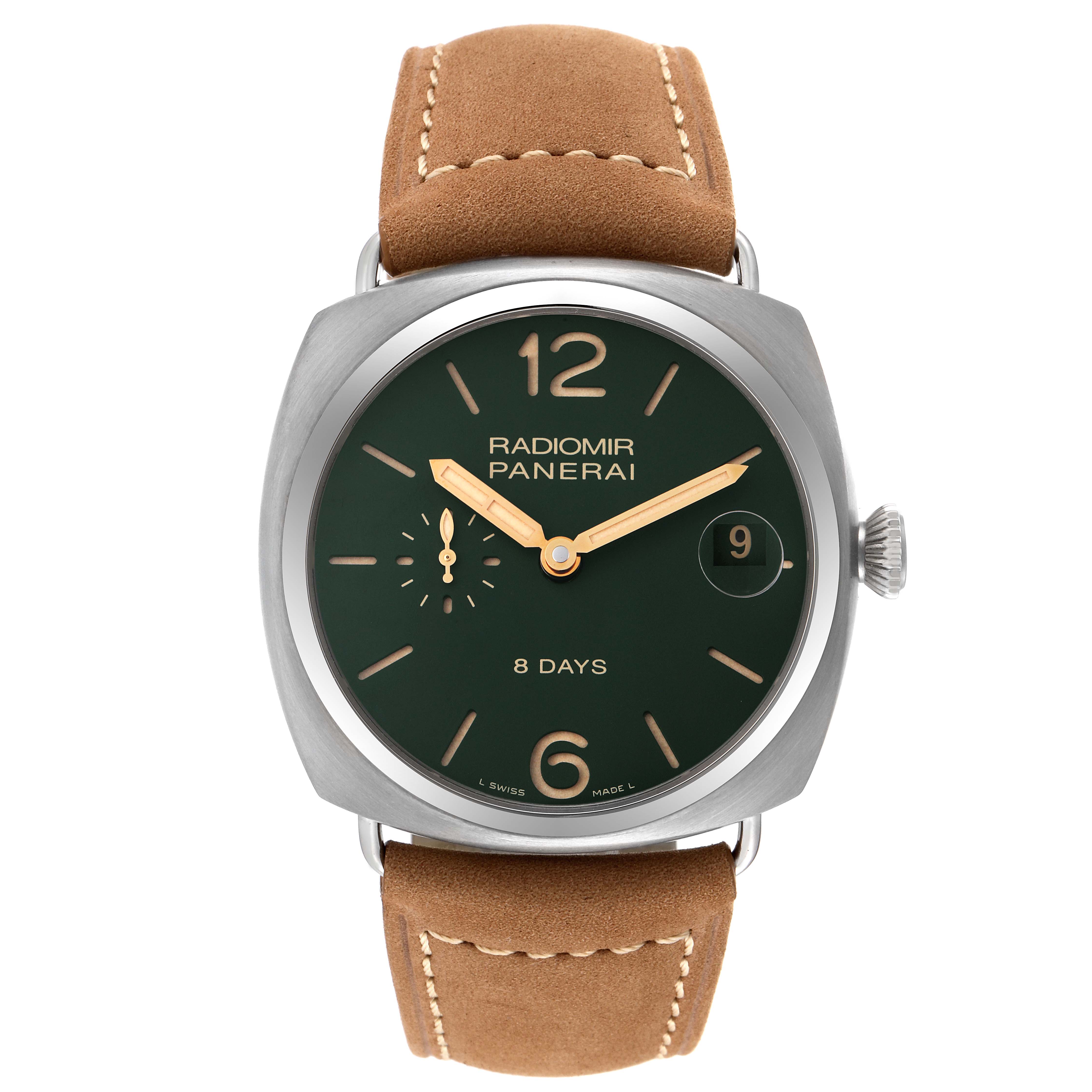 The image shows a front view of the Panerai Radiomir PAM00736 Men's Titanium Green Dial PAM00736 Men's Titanium Green Dial watch, featuring the dial, hour markers, hands, crown, and leather strap.