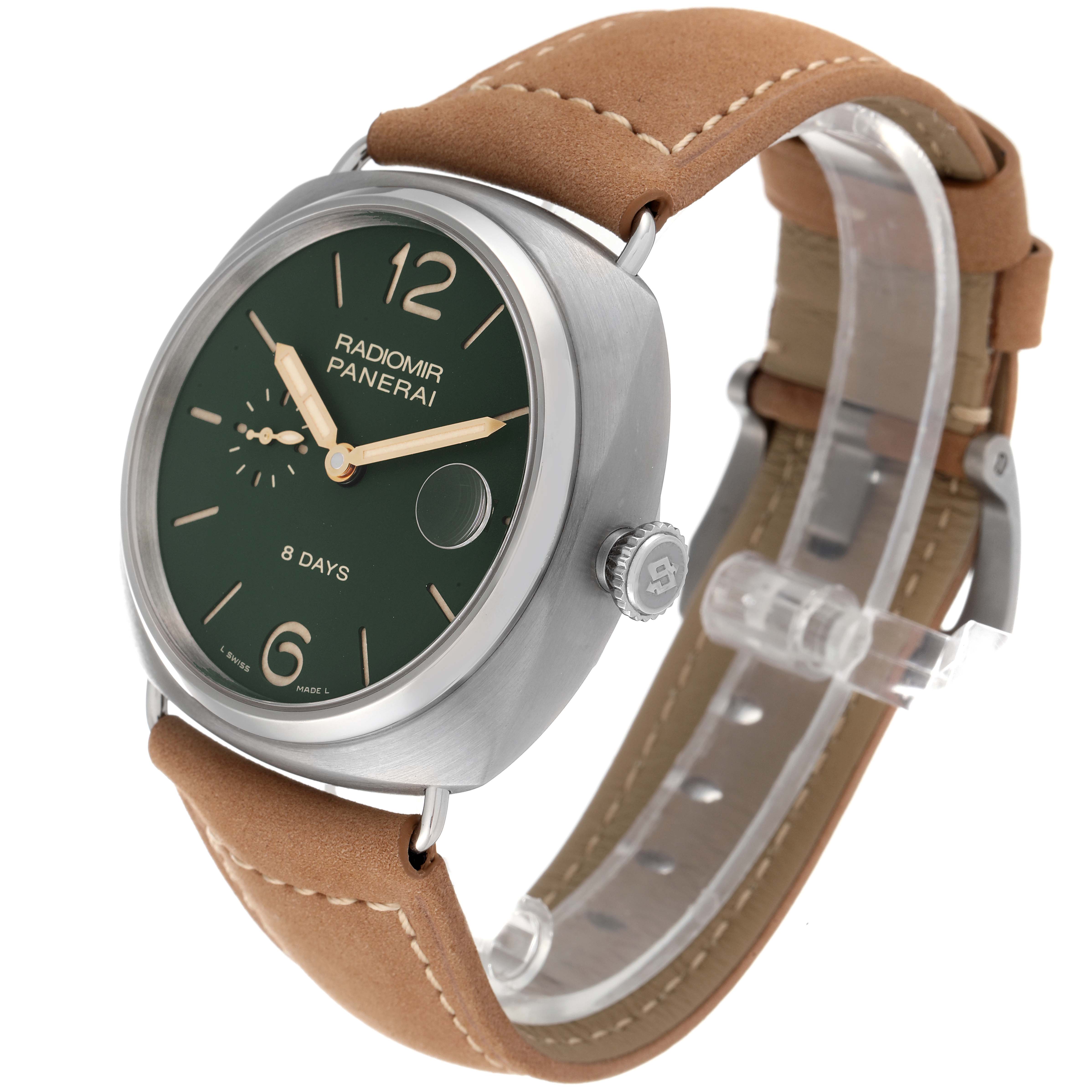 The image shows a side angle of a Panerai Radiomir PAM00736 Men's Titanium Green Dial PAM00736 Men's Titanium Green Dial watch, highlighting its green dial, leather strap, and crown.