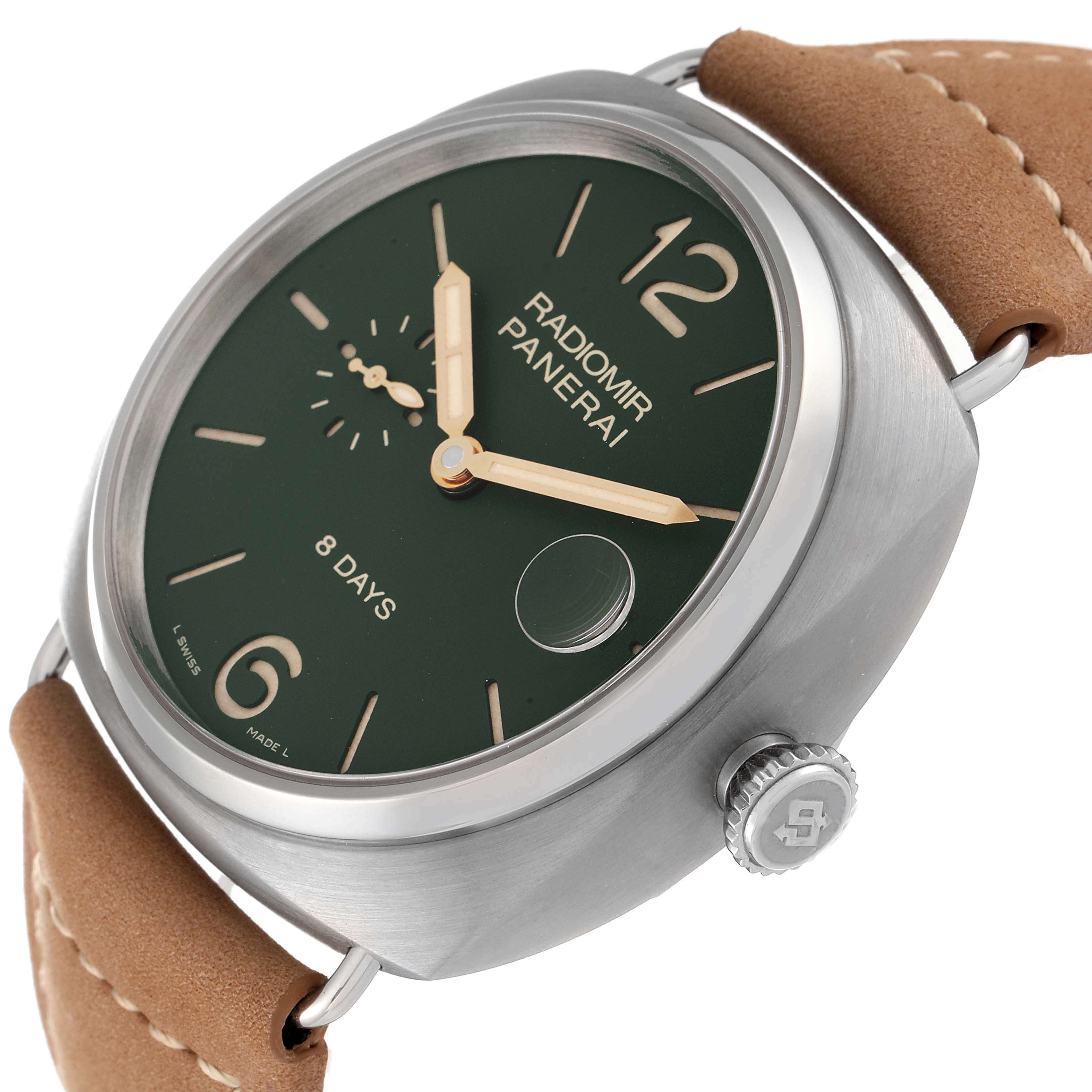 The image shows a close-up, angled view of the Radiomir Panerai watch, highlighting its olive green dial, hands, and crown.