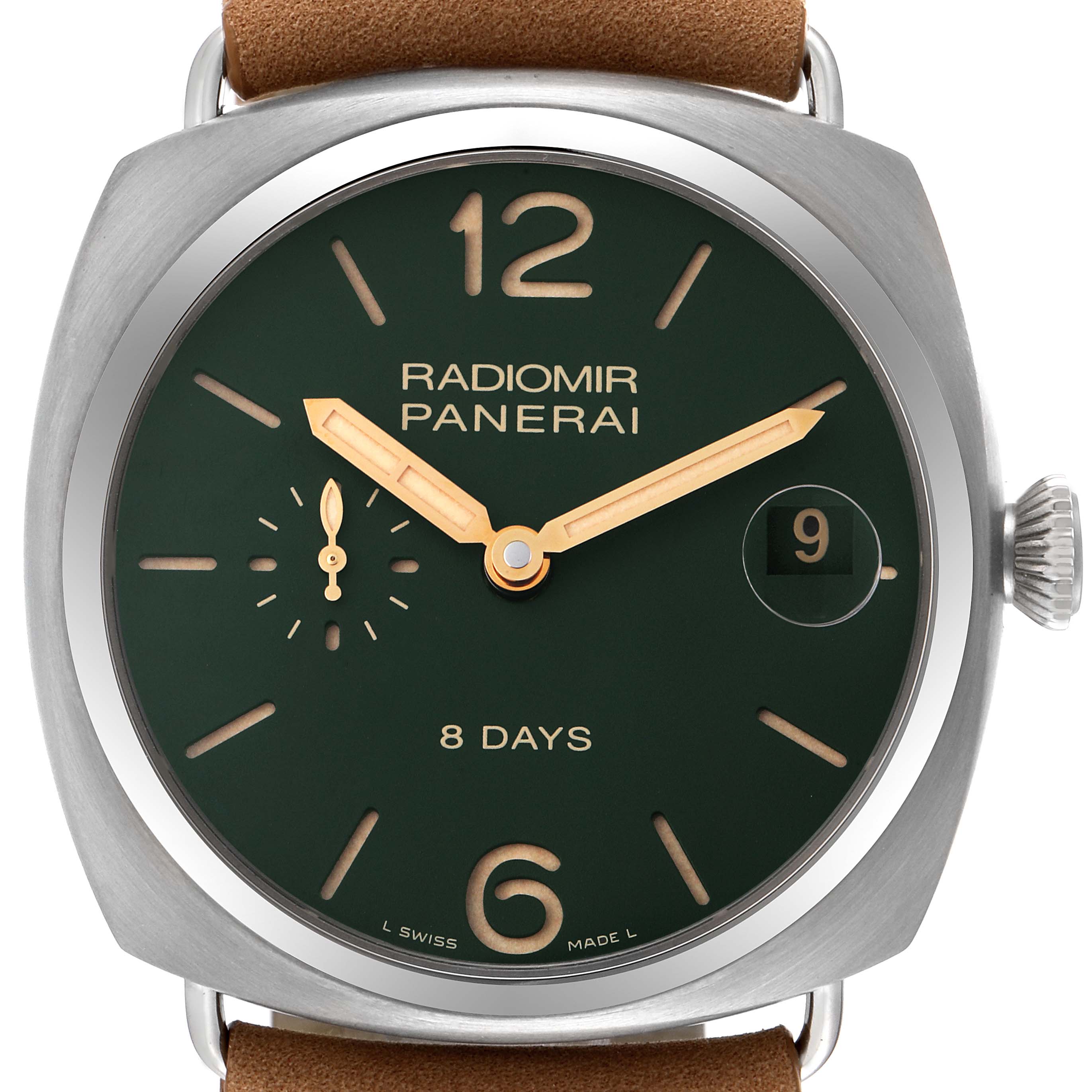 This image displays a front view of the Panerai Radiomir PAM00736 Men's Titanium Green Dial PAM00736 Men's Titanium Green Dial watch showcasing the dial, hands, date window, and crown.