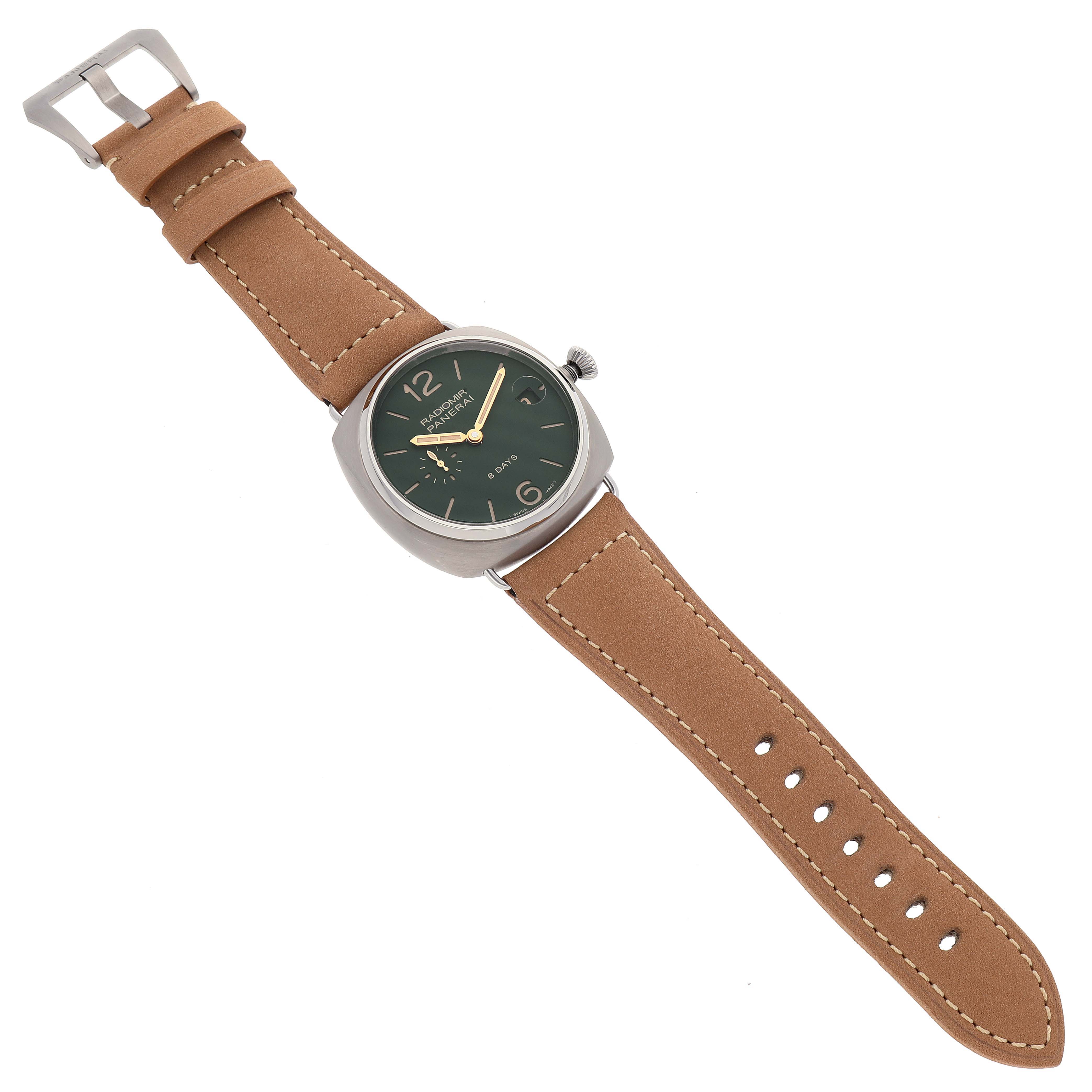 The Panerai Radiomir PAM00736 Men's Titanium Green Dial PAM00736 Men's Titanium Green Dial watch is shown from a top-down angle, showcasing its face, strap, and buckle.