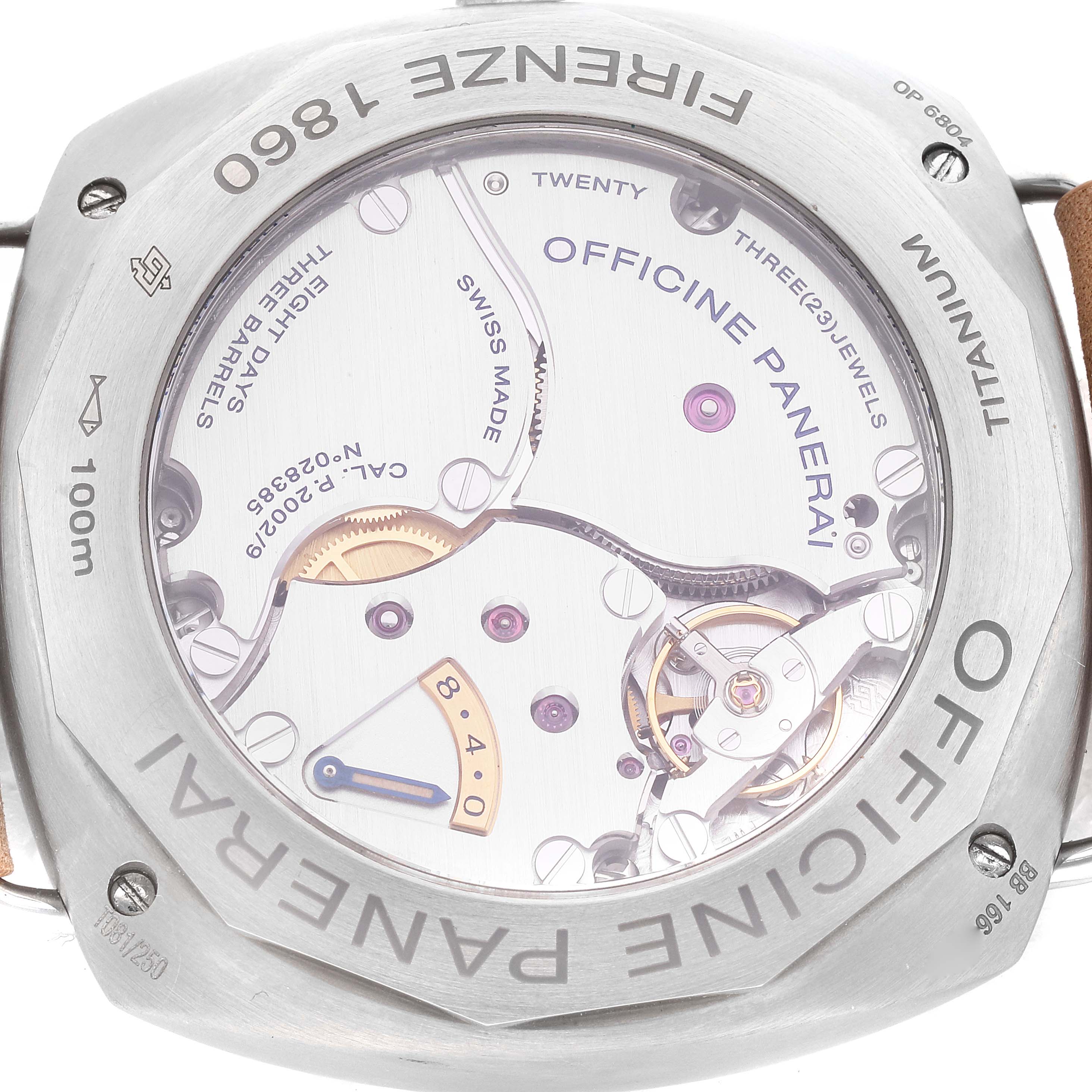 The image shows the back of a Panerai Radiomir PAM00736 Men's Titanium Green Dial PAM00736 Men's Titanium Green Dial watch, highlighting the exposed inner mechanics through a transparent case back.