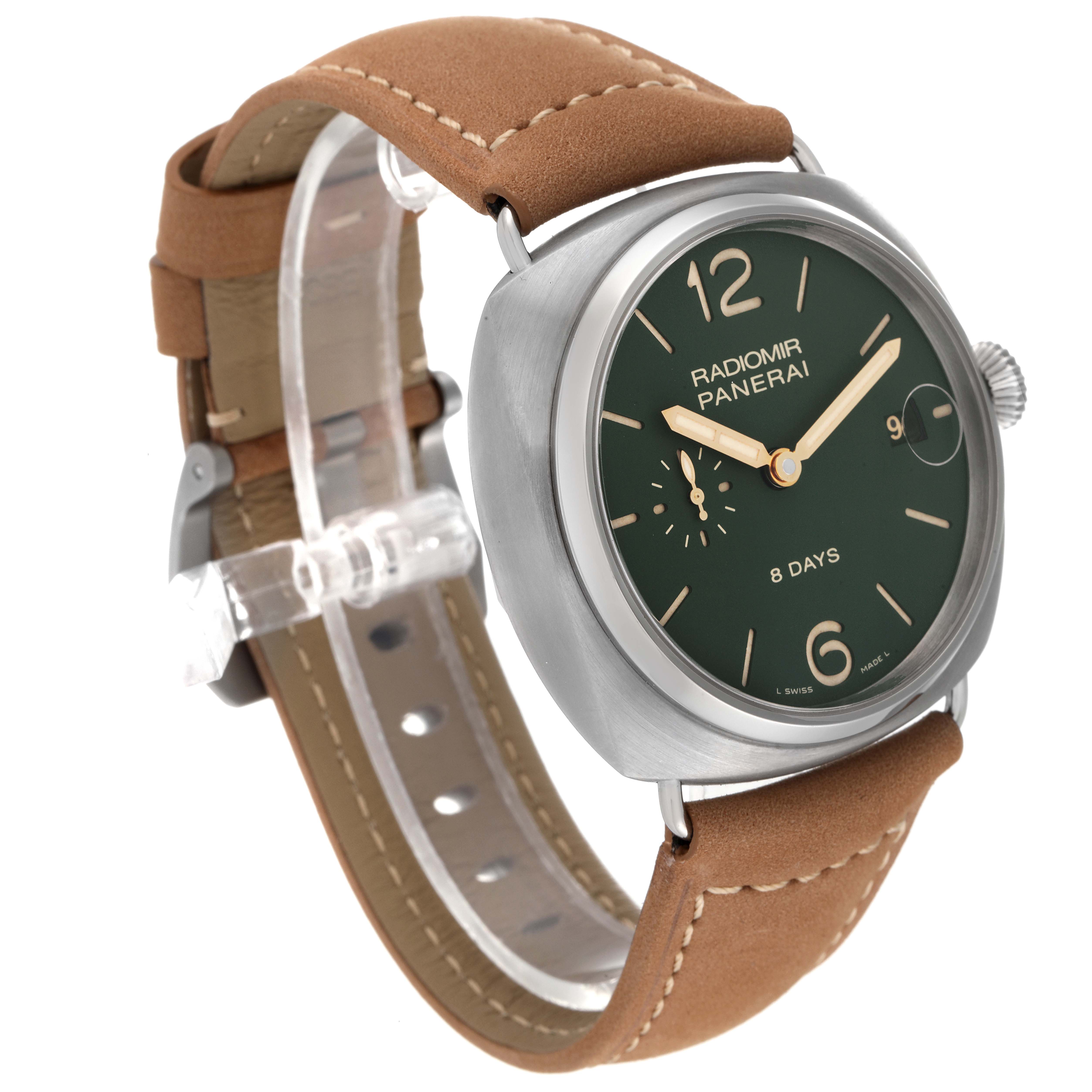 The image shows a Panerai Radiomir PAM00736 Men's Titanium Green Dial PAM00736 Men's Titanium Green Dial watch at a three-quarter angle, highlighting its green dial, tan leather strap, and stainless steel case.