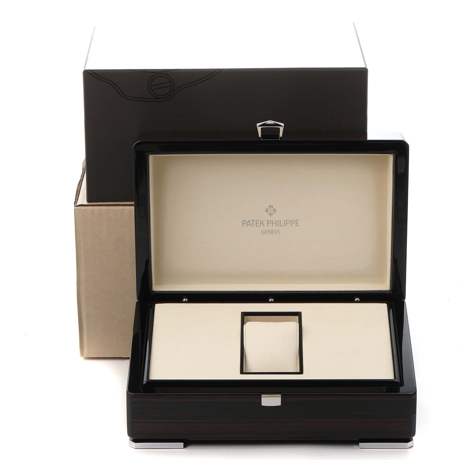The image shows an open Patek Philippe Calatrava 7234R-001 Women
s Rose Gold Brown Dial 7234R-001 Women
s Rose Gold Brown Dial watch box with a visible cushion and branding inside.