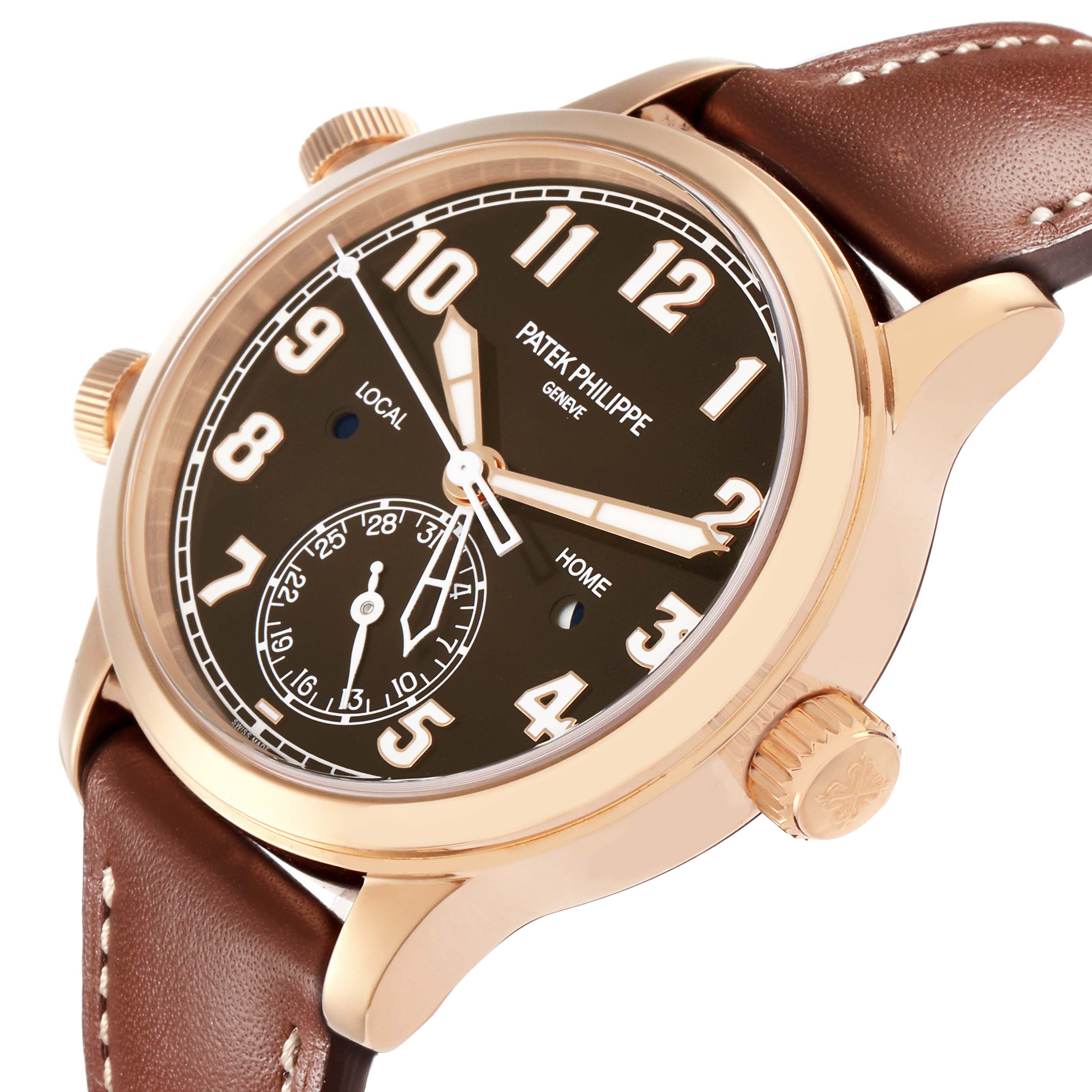 The Patek Philippe Calatrava 7234R-001 Women
s Rose Gold Brown Dial 7234R-001 Women
s Rose Gold Brown Dial watch is shown at an angled side view, displaying the dial, case, and brown leather strap clearly.