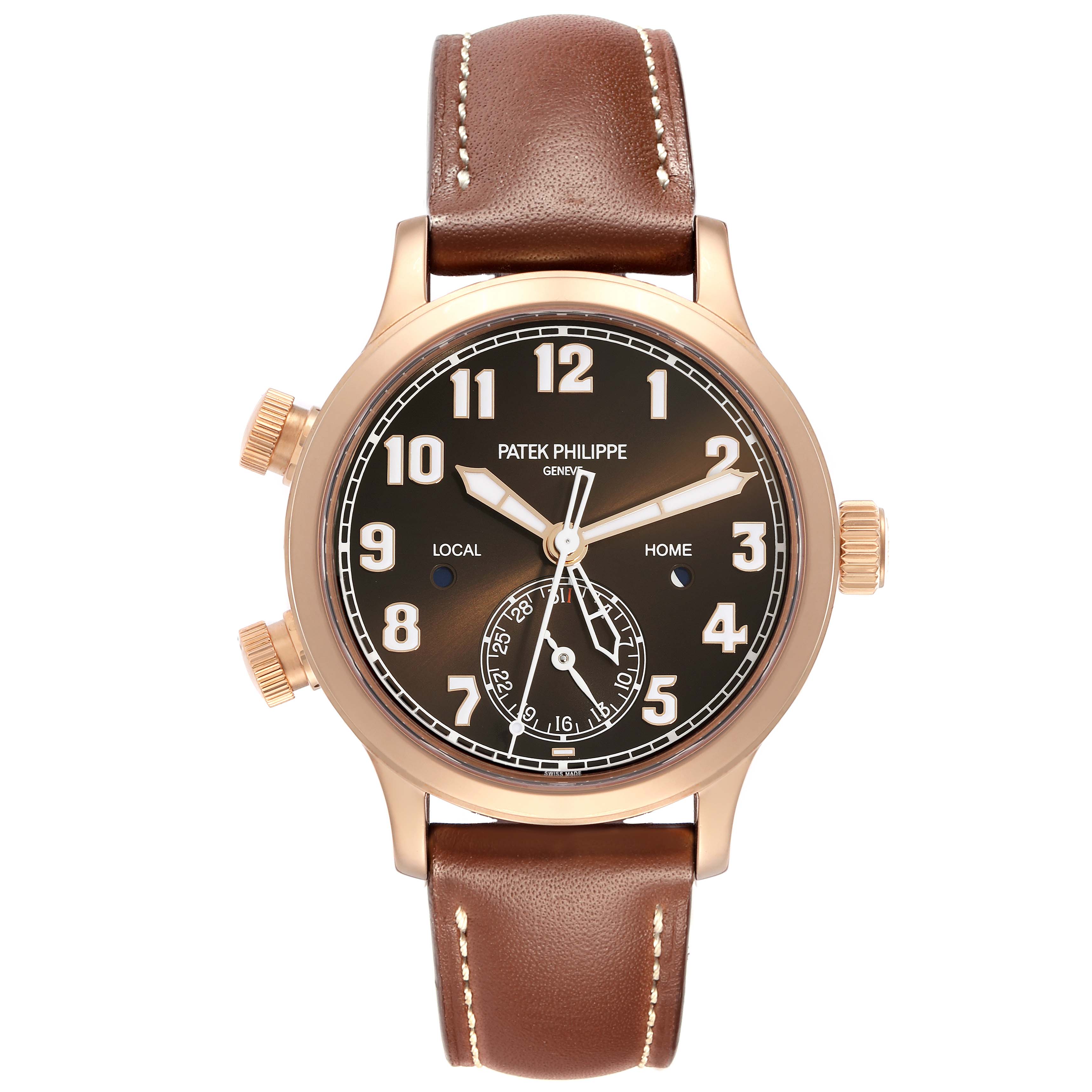 The Patek Philippe Calatrava 7234R-001 Women
s Rose Gold Brown Dial 7234R-001 Women
s Rose Gold Brown Dial watch is shown from the front, highlighting its face, dials, and brown leather strap.