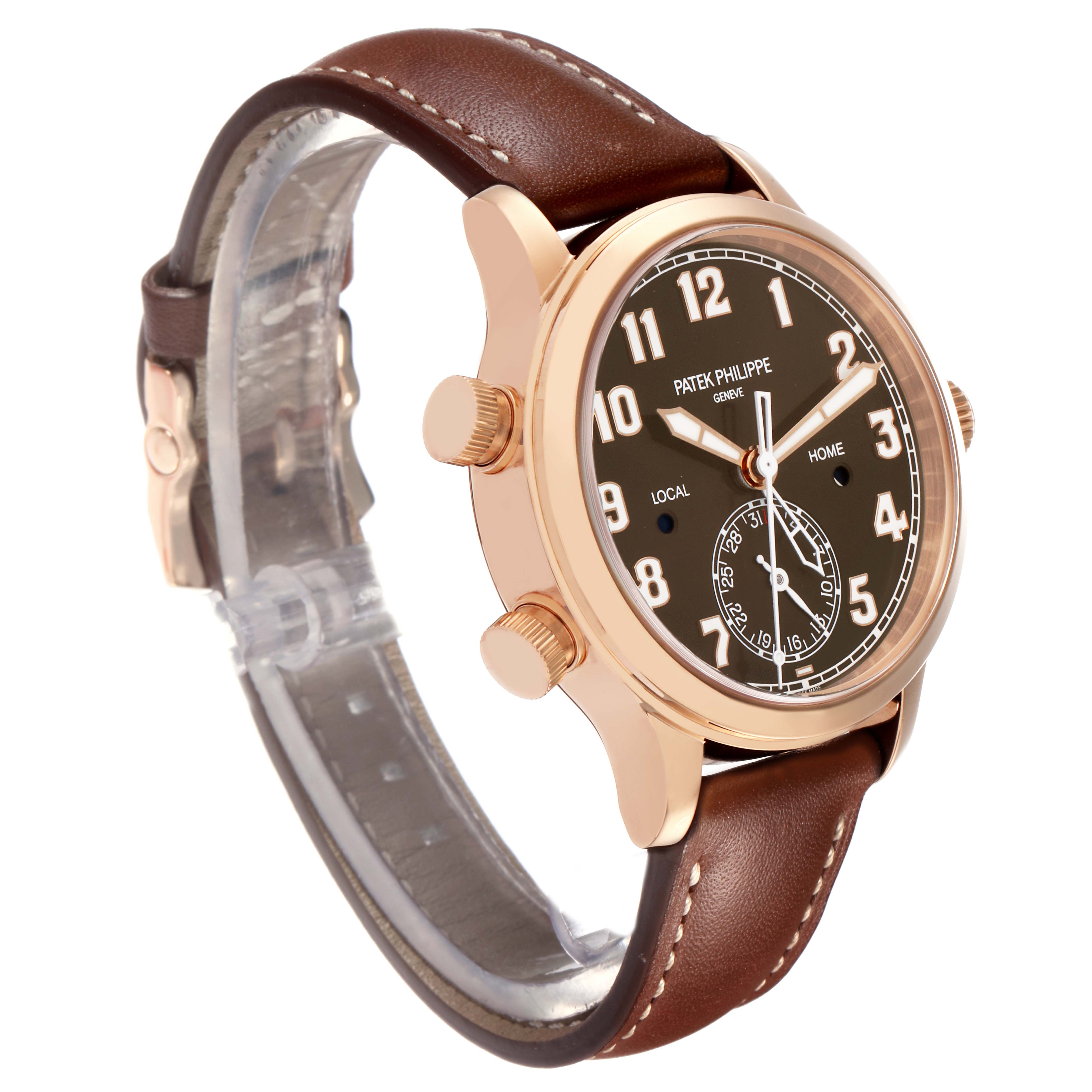 The image shows a side and front angle of a Patek Philippe Calatrava 7234R-001 Women
s Rose Gold Brown Dial 7234R-001 Women
s Rose Gold Brown Dial watch, highlighting its face, crown, and leather strap.