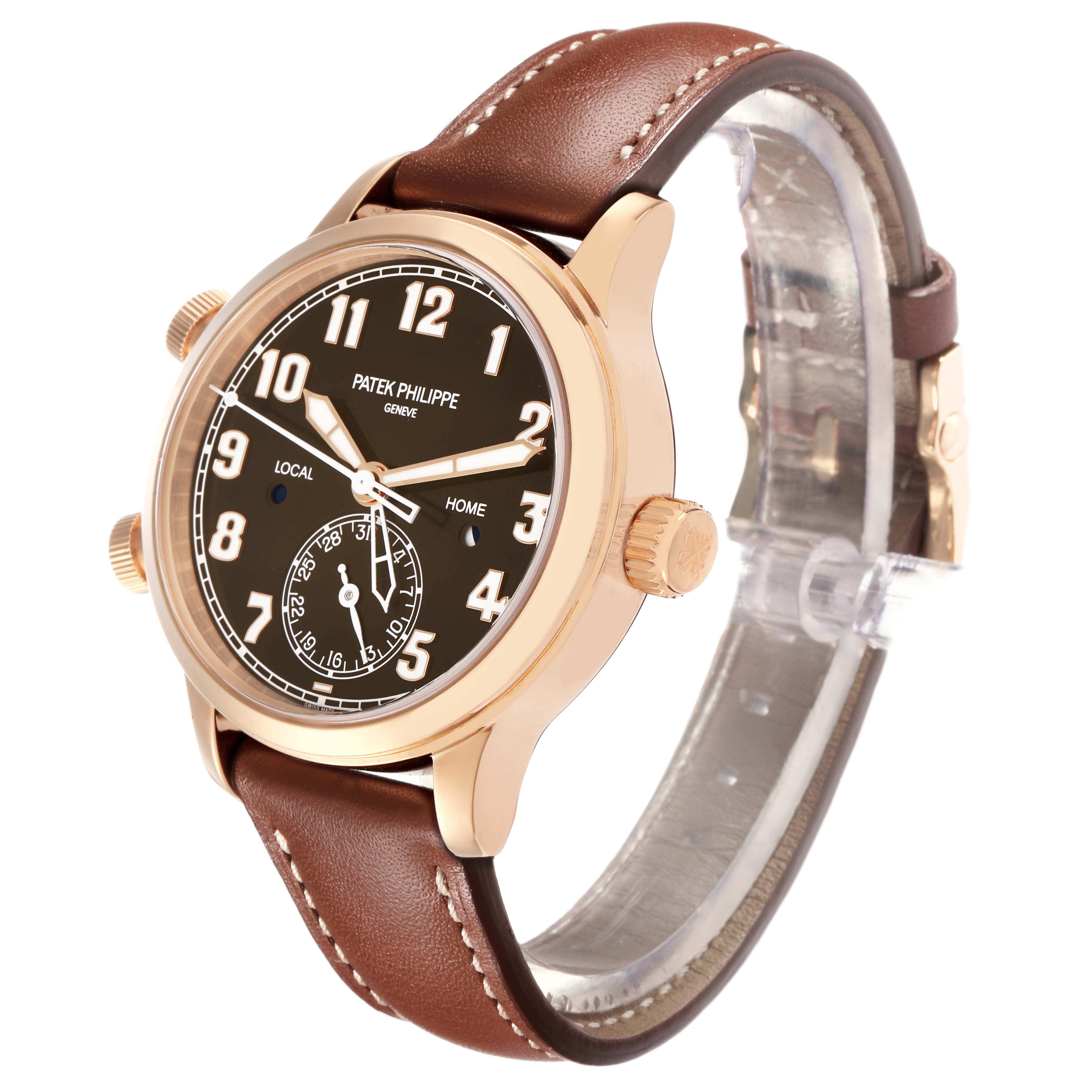 The Patek Philippe Calatrava 7234R-001 Women
s Rose Gold Brown Dial 7234R-001 Women
s Rose Gold Brown Dial watch is shown at a three-quarter angle, displaying the dial, crown, and brown leather strap.