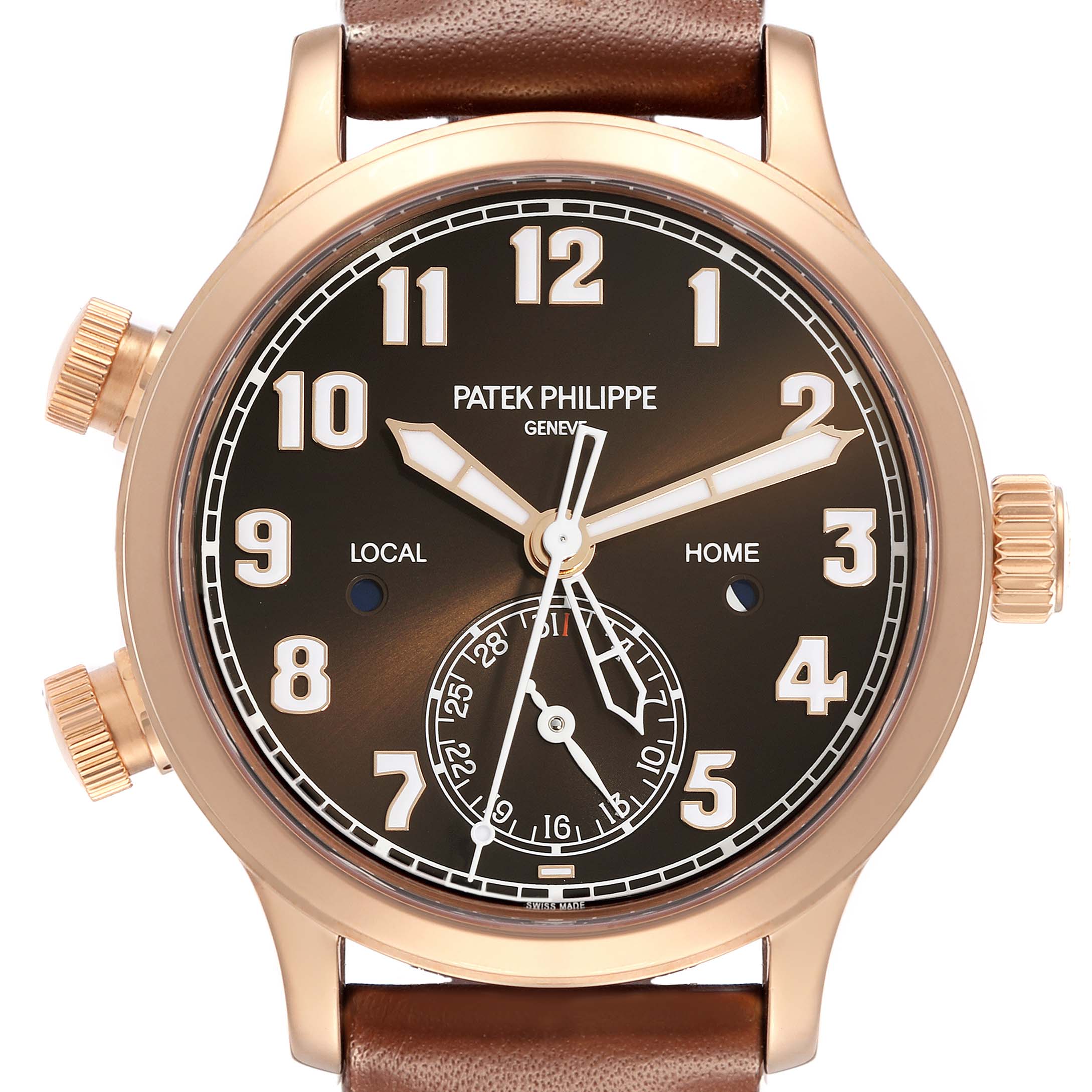 The Patek Philippe Calatrava 7234R-001 Women
s Rose Gold Brown Dial 7234R-001 Women
s Rose Gold Brown Dial watch is shown from the front, displaying the dial, hands, numerals, sub-dial, crown, and pushers.