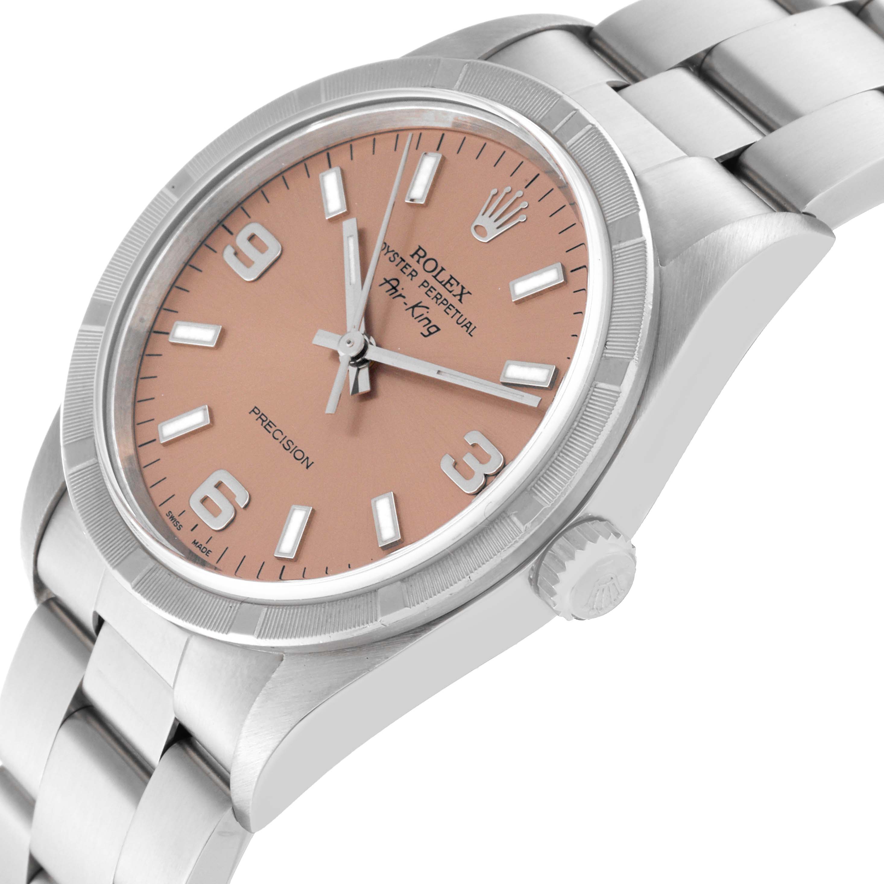 The image shows a Rolex Air-King 14010 Men's Stainless Steel Pink Dial 14010 Men's Stainless Steel Pink Dial watch angled slightly from the side, revealing the dial, bezel, crown, and part of the bracelet.