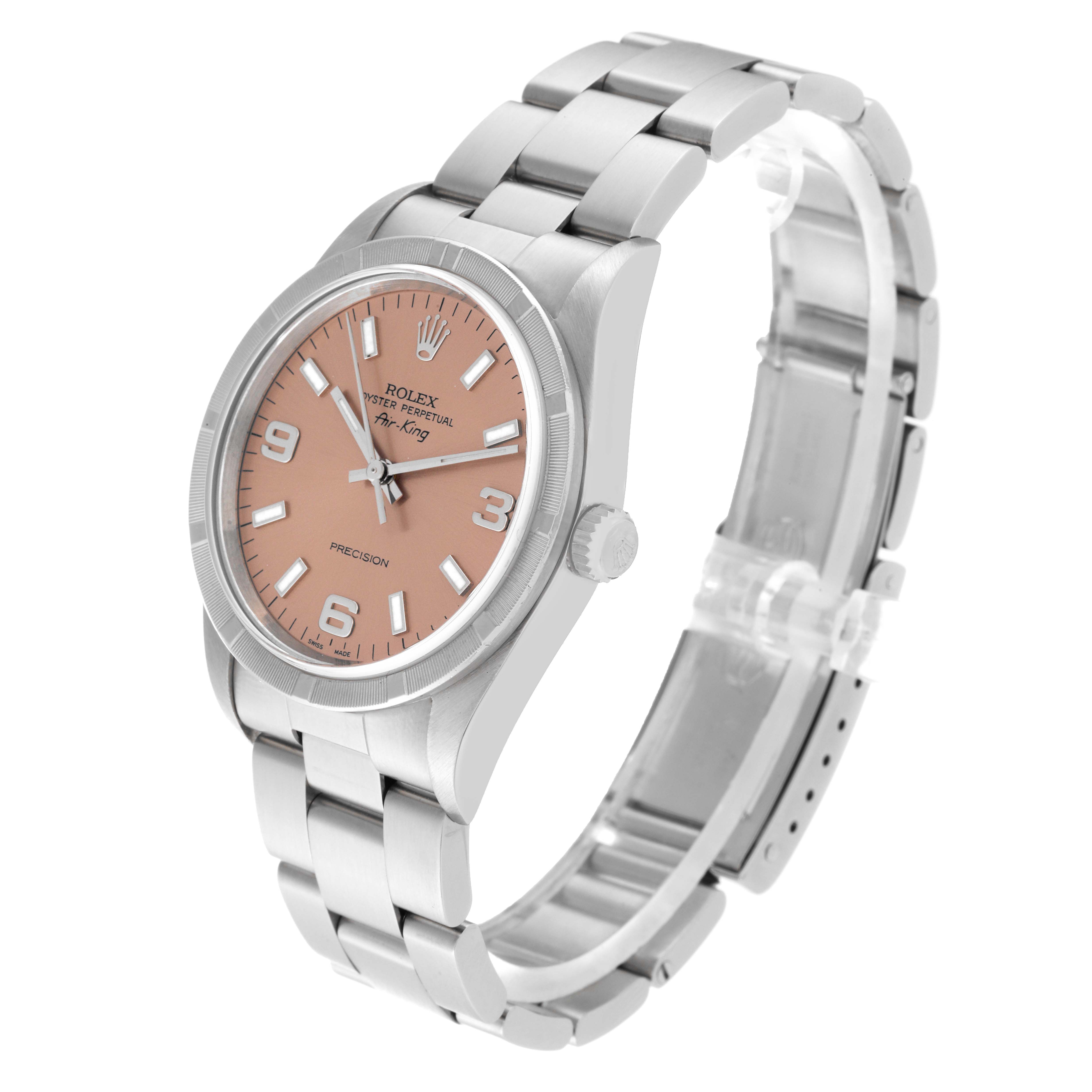 The Rolex Air-King 14010 Men's Stainless Steel Pink Dial 14010 Men's Stainless Steel Pink Dial watch is shown at a three-quarter angle, highlighting its pink dial, crown, and stainless steel bracelet.