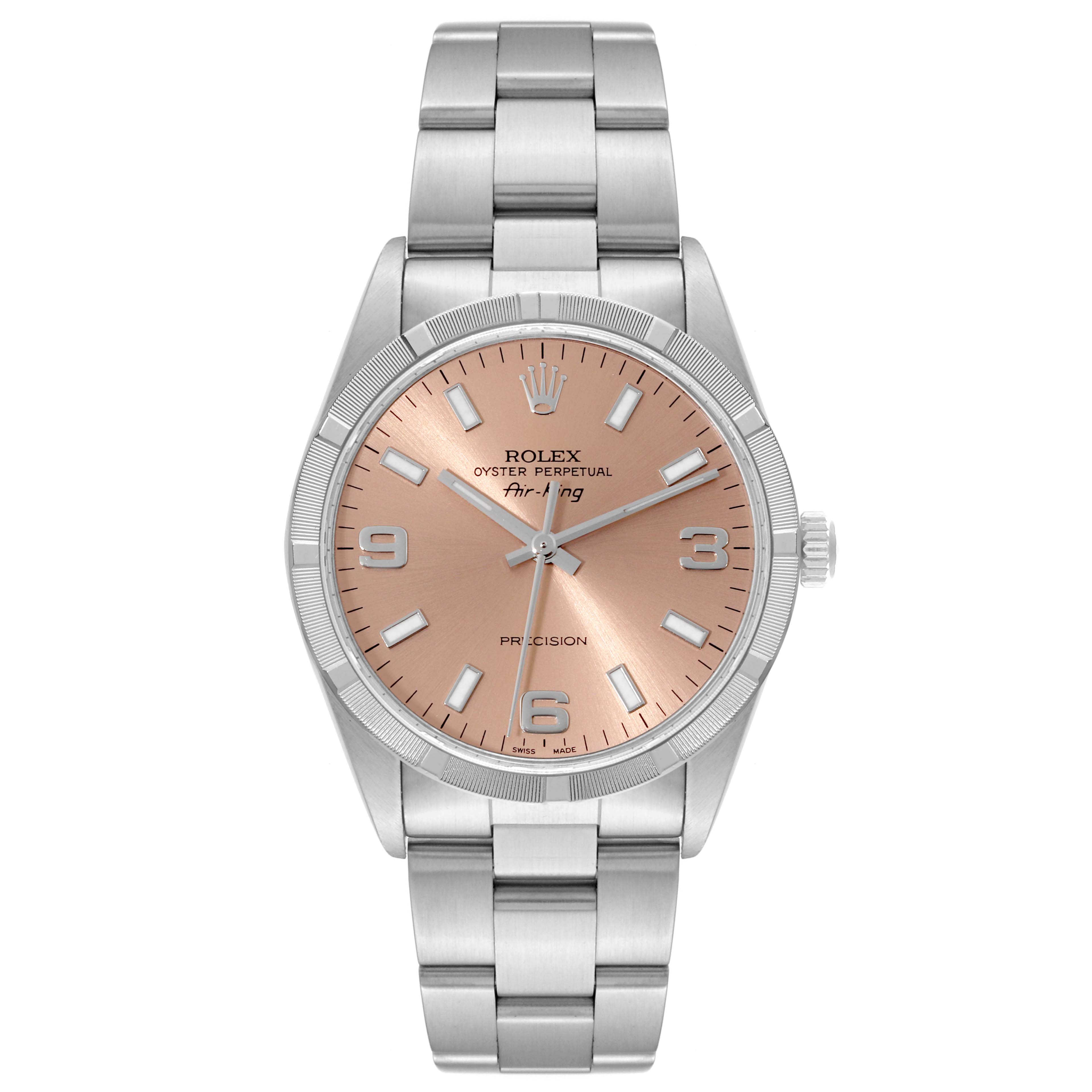 The image shows a frontal view of a Rolex Air-King 14010 Men's Stainless Steel Pink Dial 14010 Men's Stainless Steel Pink Dial watch, highlighting its face, dial, bezel, and bracelet.