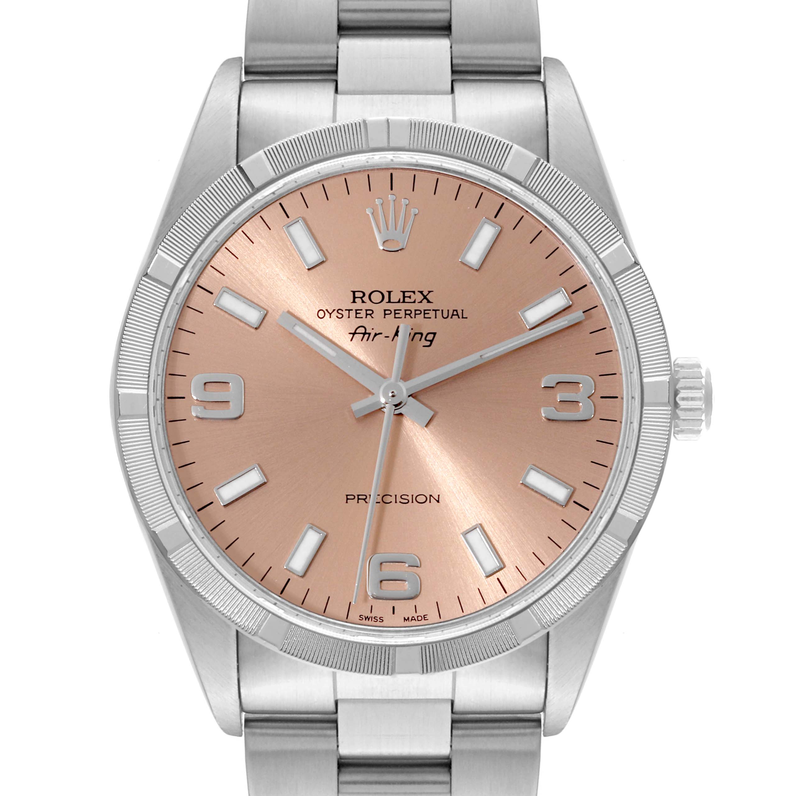 This image shows a front view of the Rolex Air-King 14010 Men's Stainless Steel Pink Dial 14010 Men's Stainless Steel Pink Dial watch, focusing on its dial, hands, and bracelet.