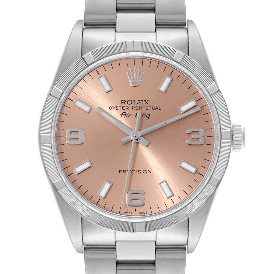 This image shows a front view of the Rolex Air-King watch, focusing on its dial, hands, and bracelet.