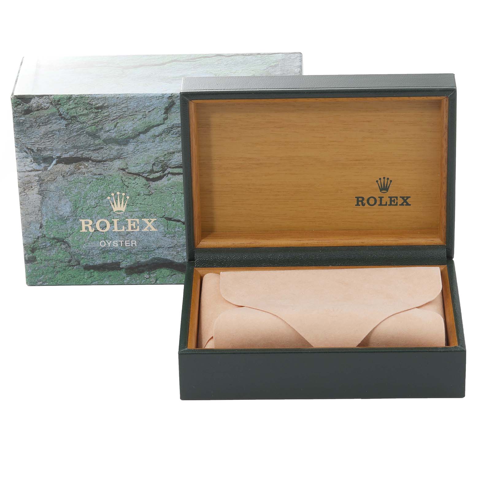 This image shows the open packaging box for a Rolex Air-King 14010 Men's Stainless Steel Pink Dial 14010 Men's Stainless Steel Pink Dial watch, displaying the inner wooden compartment and outer box.
