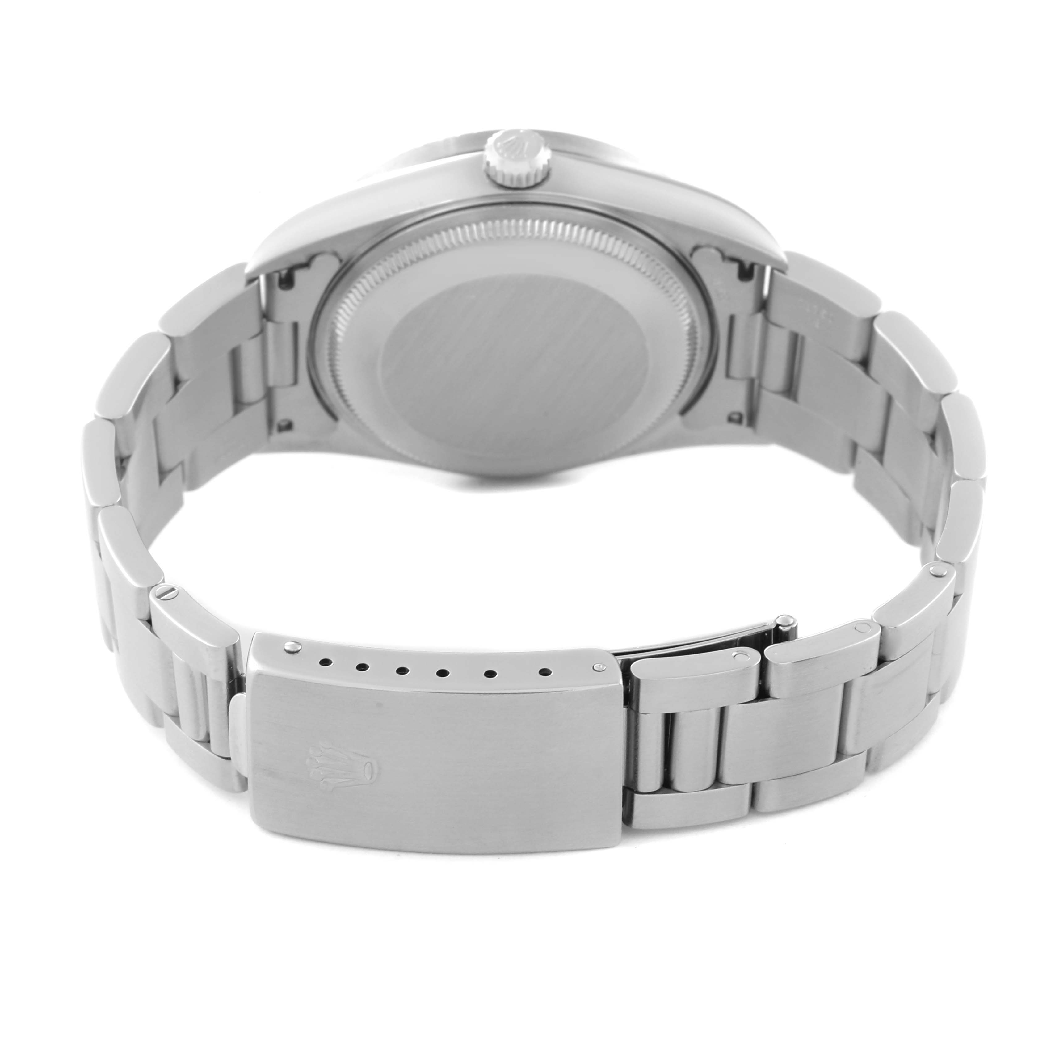 The image shows the back view of a Rolex Air-King 14010 Men's Stainless Steel Pink Dial 14010 Men's Stainless Steel Pink Dial watch, highlighting the case back and bracelet with clasp.