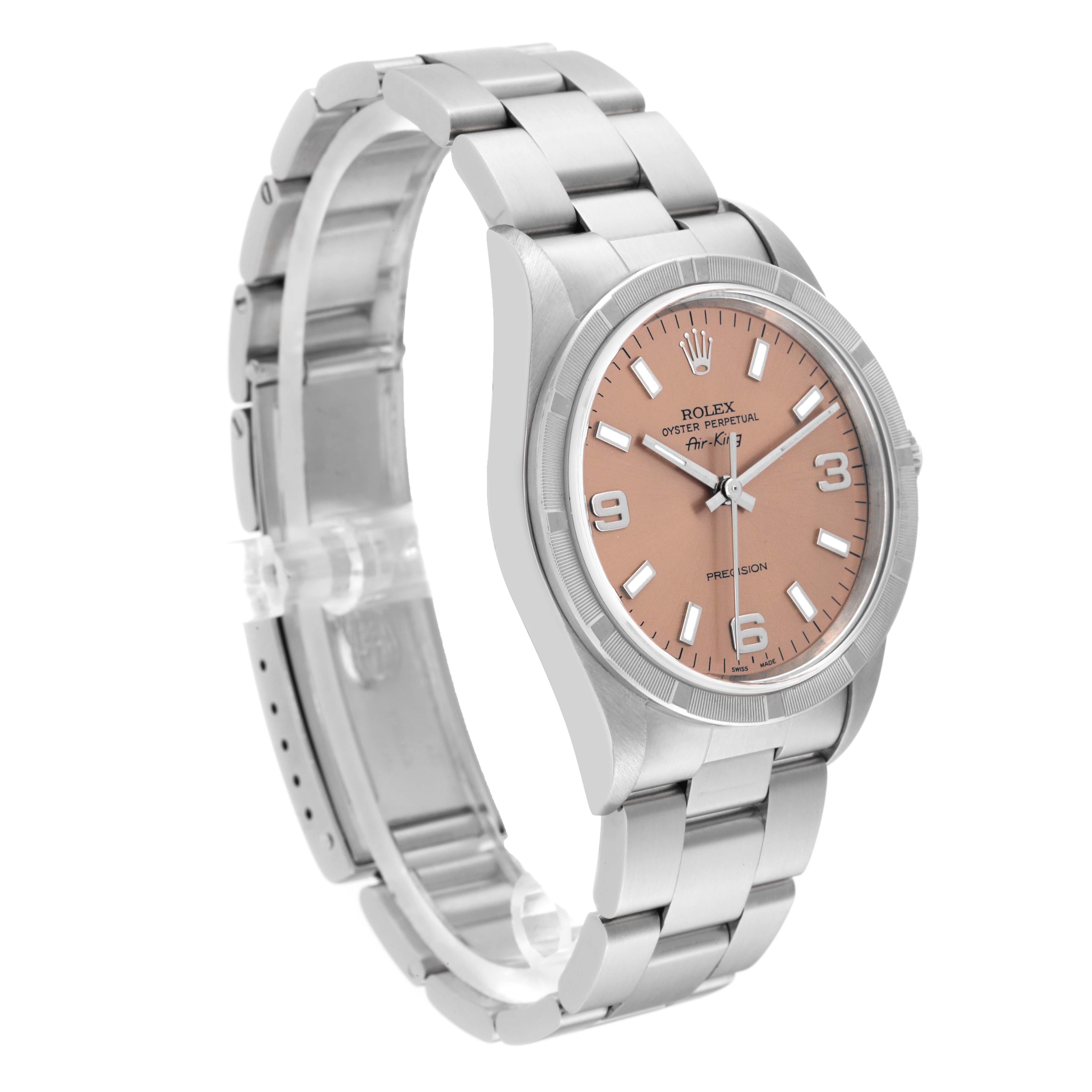 The image shows a Rolex Air-King 14010 Men's Stainless Steel Pink Dial 14010 Men's Stainless Steel Pink Dial watch angled to display its face, bezel, and bracelet.