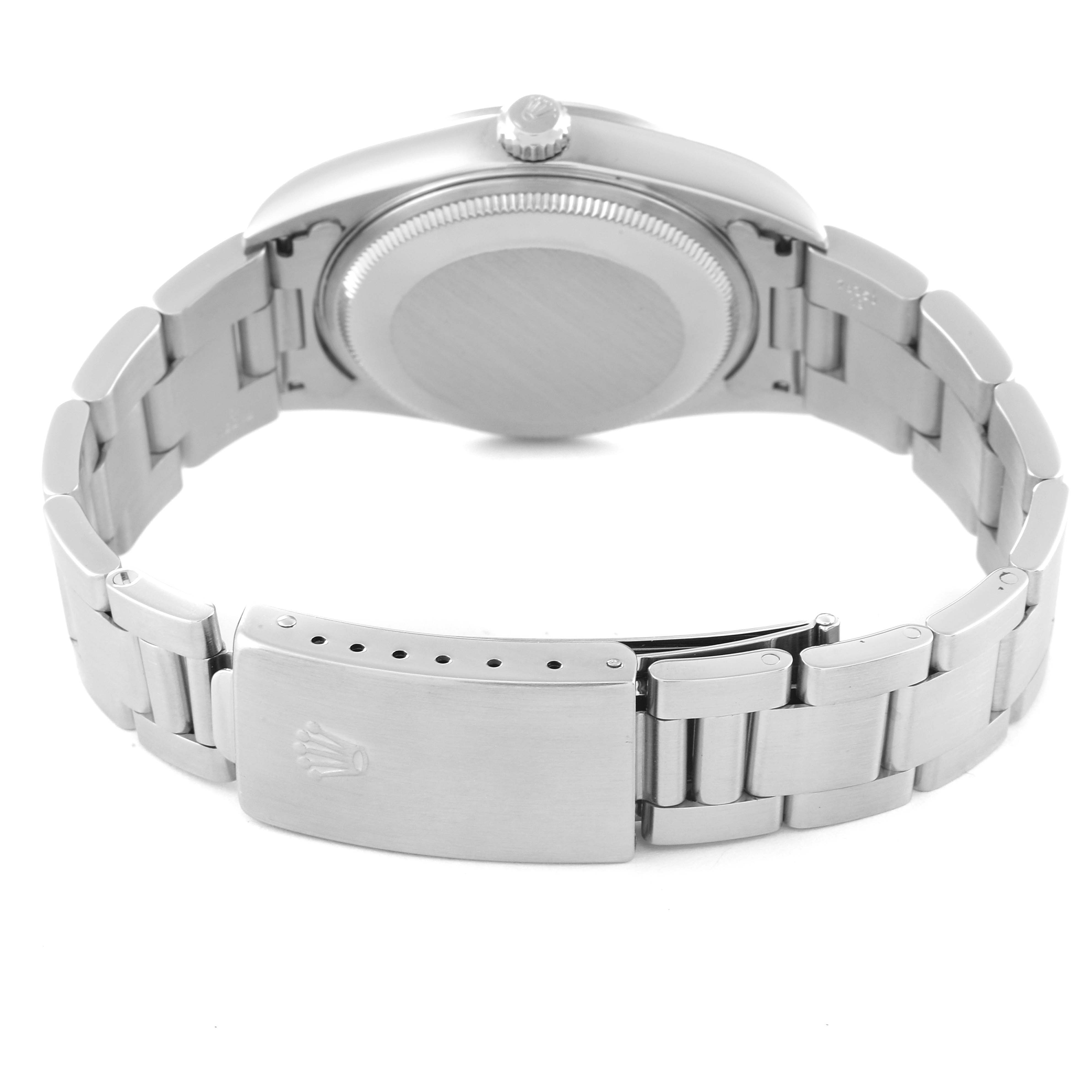 This image shows the backside and bracelet, including the clasp, of a Rolex Air-King 14000M Men's Stainless Steel Black Dial 14000M Men's Stainless Steel Black Dial watch.