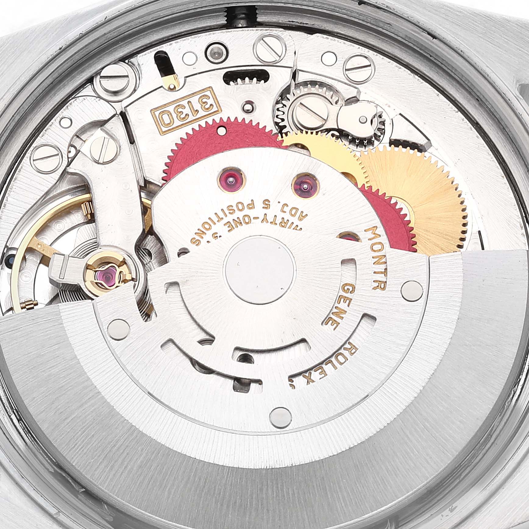 This image shows the inner mechanics and movement of a Rolex Air-King 14000M Men's Stainless Steel Black Dial 14000M Men's Stainless Steel Black Dial watch viewed from the back.