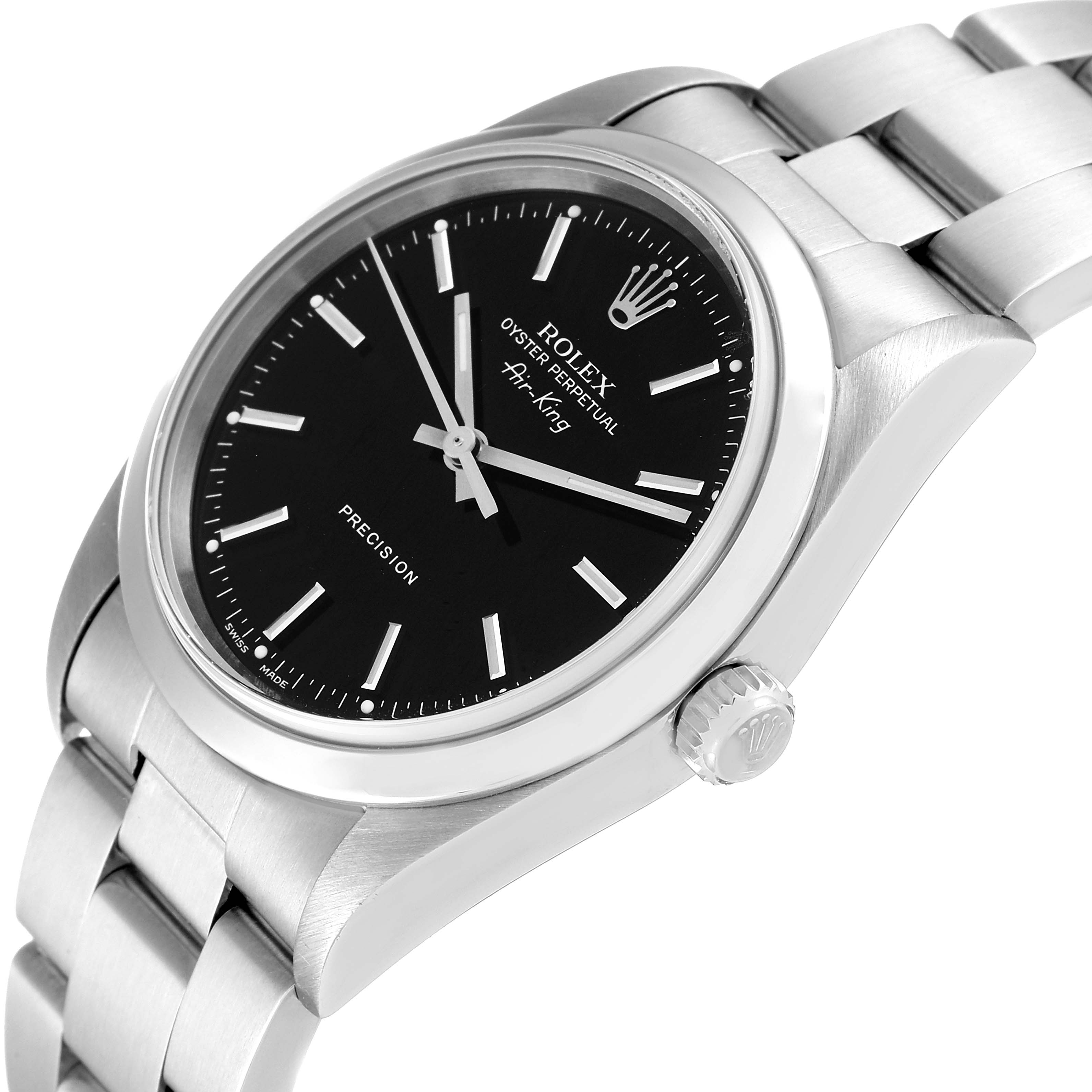 The image shows a side angle of the Rolex Air-King 14000M Men's Stainless Steel Black Dial 14000M Men's Stainless Steel Black Dial watch, highlighting the crown, dial, and bracelet.