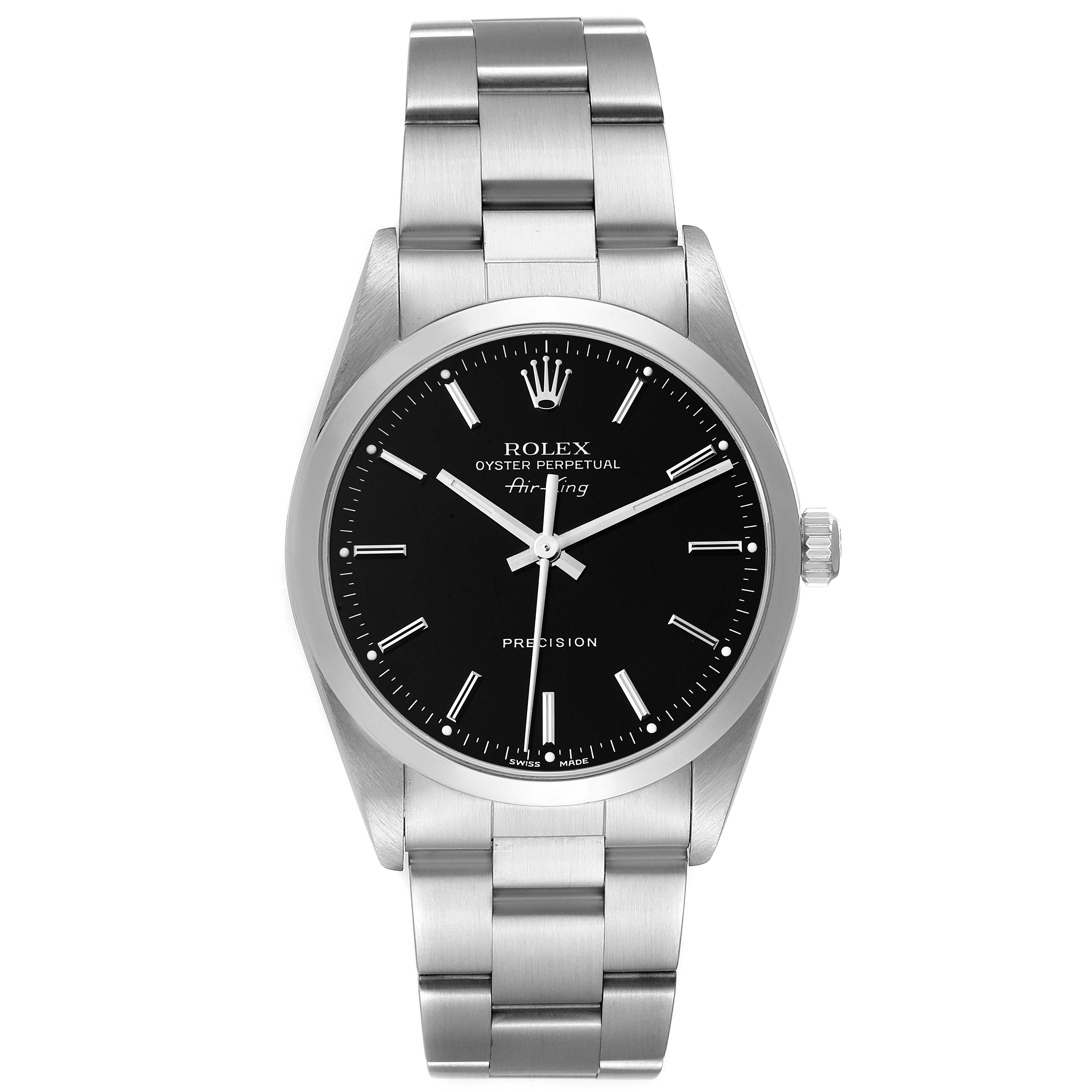 The image shows a front view of the Rolex Air-King 14000M Men's Stainless Steel Black Dial 14000M Men's Stainless Steel Black Dial watch, displaying the face, bezel, and part of the bracelet.