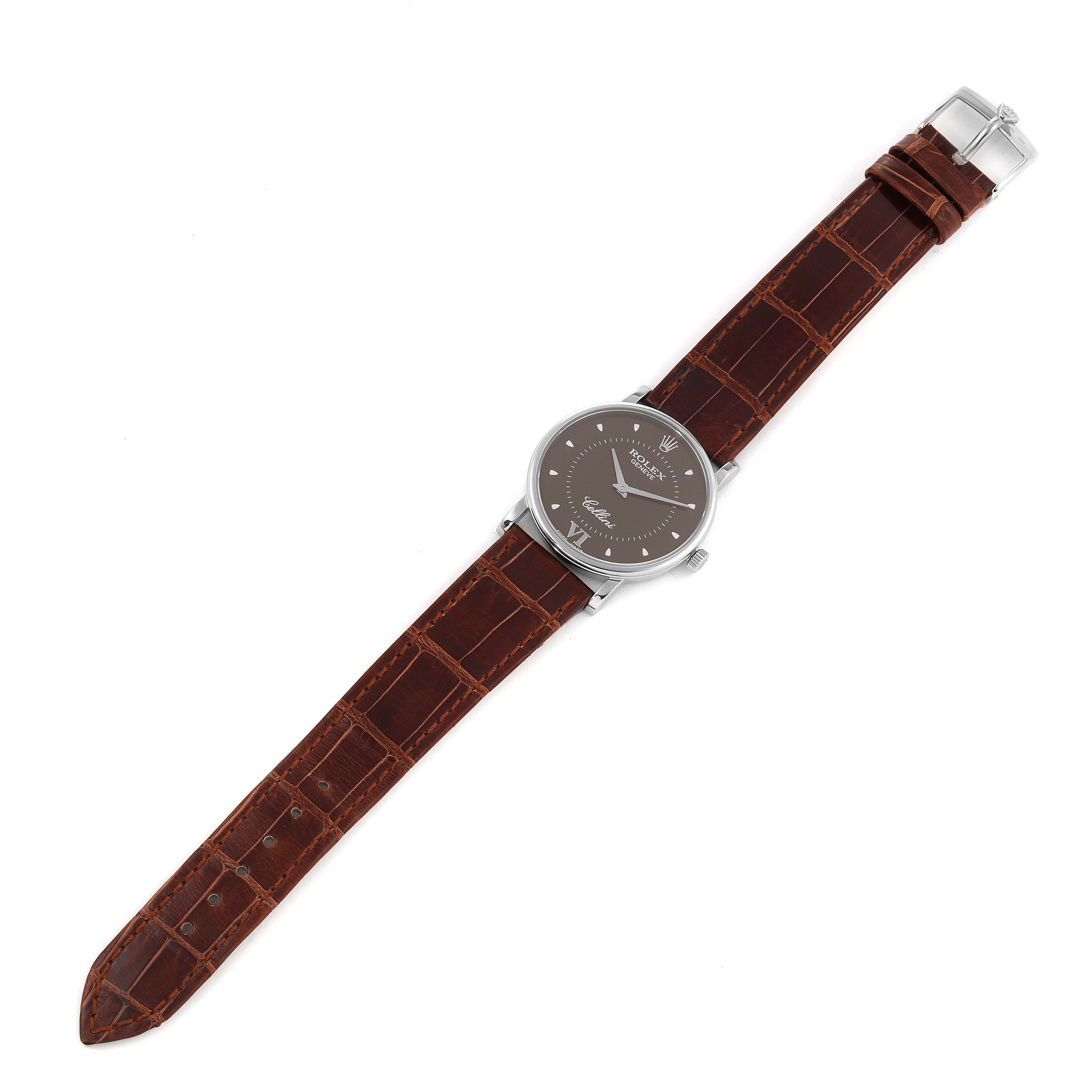 This image shows a top view of the Rolex Cellini 5115 Men's White Gold Brown Dial 5115 Men's White Gold Brown Dial watch with its brown leather strap and silver casing.