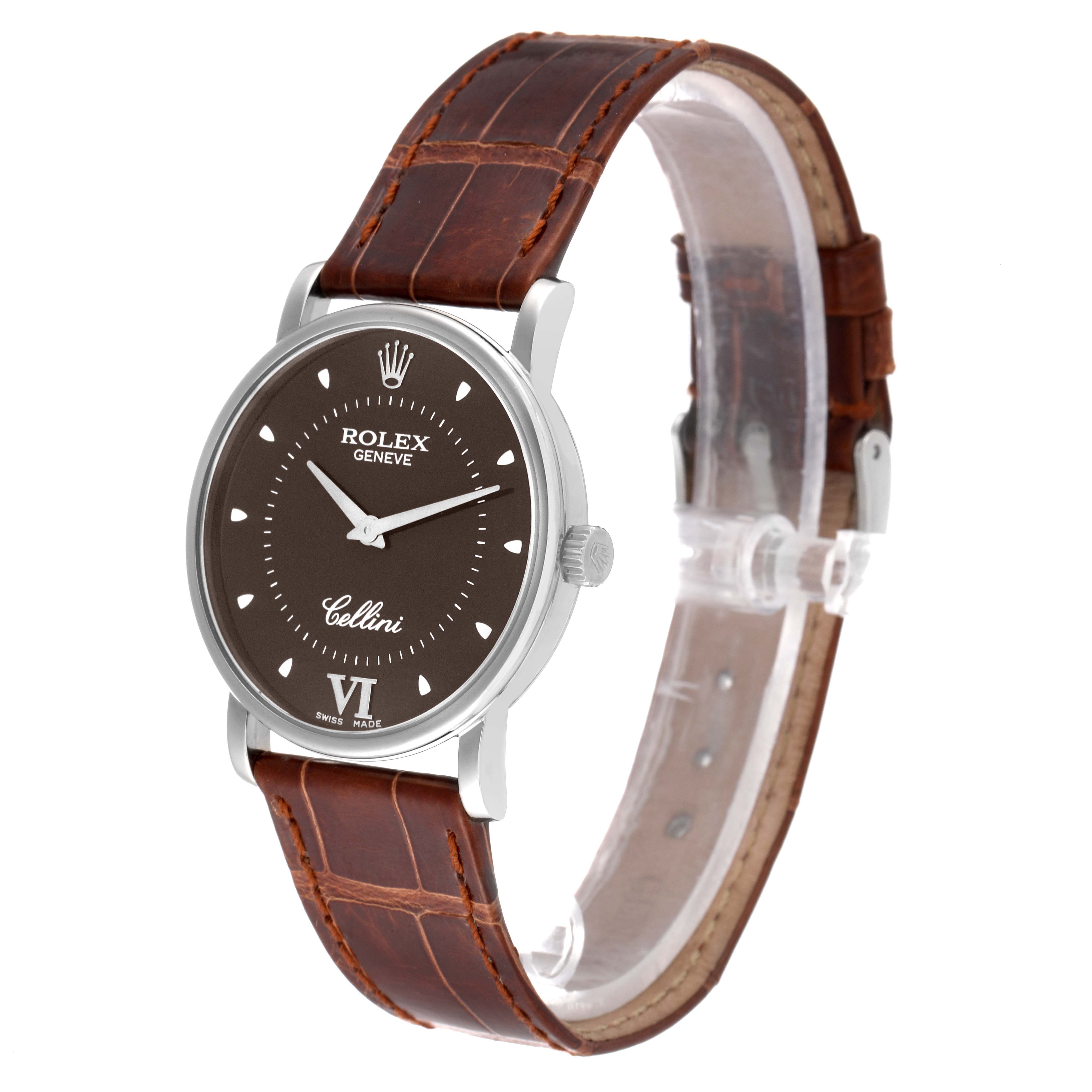 This Rolex Cellini 5115 Men's White Gold Brown Dial 5115 Men's White Gold Brown Dial watch is displayed at a three-quarter angle, showing the face, bezel, crown, and brown leather strap.