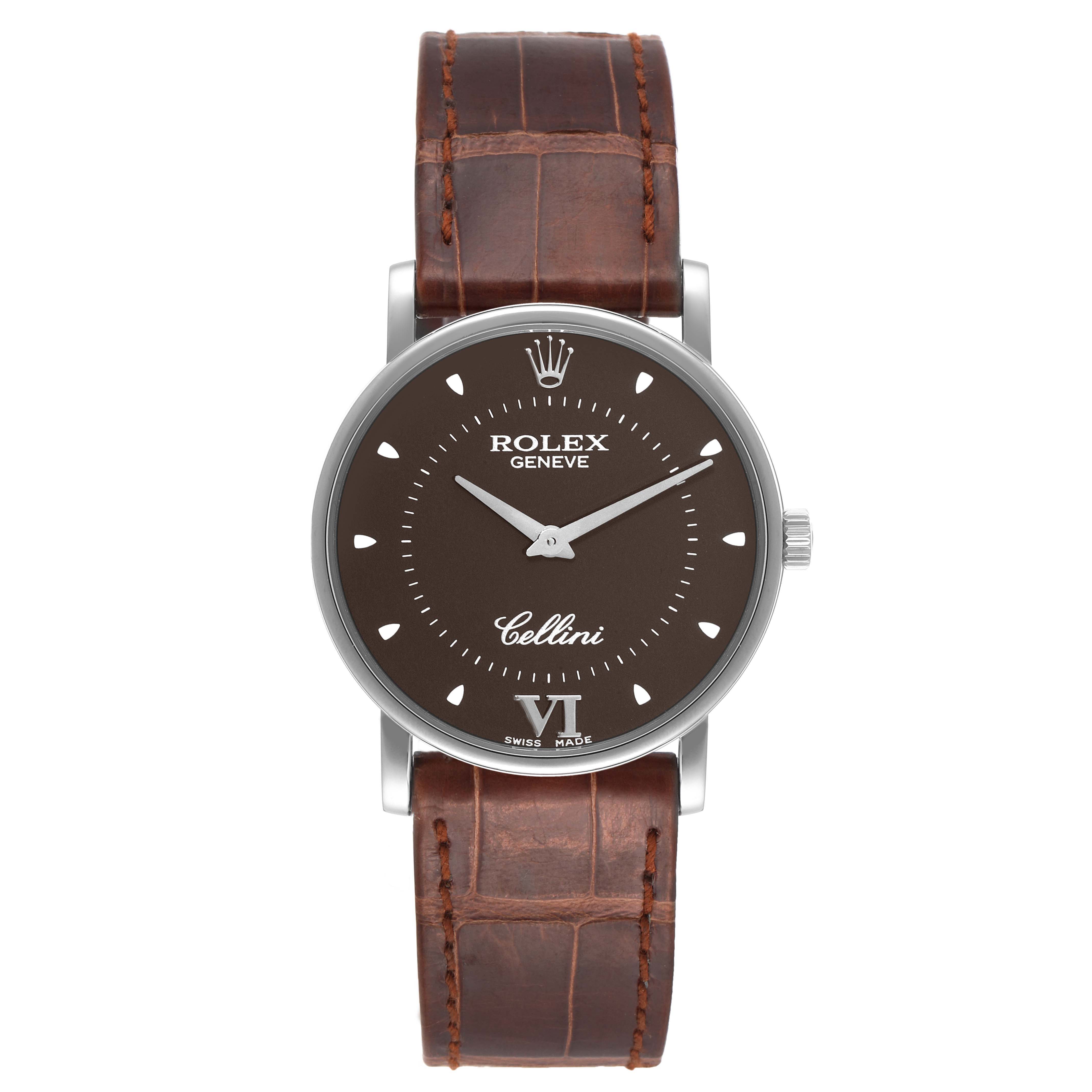 This Rolex Cellini 5115 Men's White Gold Brown Dial 5115 Men's White Gold Brown Dial watch is shown from a front angle, displaying the dial, hands, case, and leather strap.