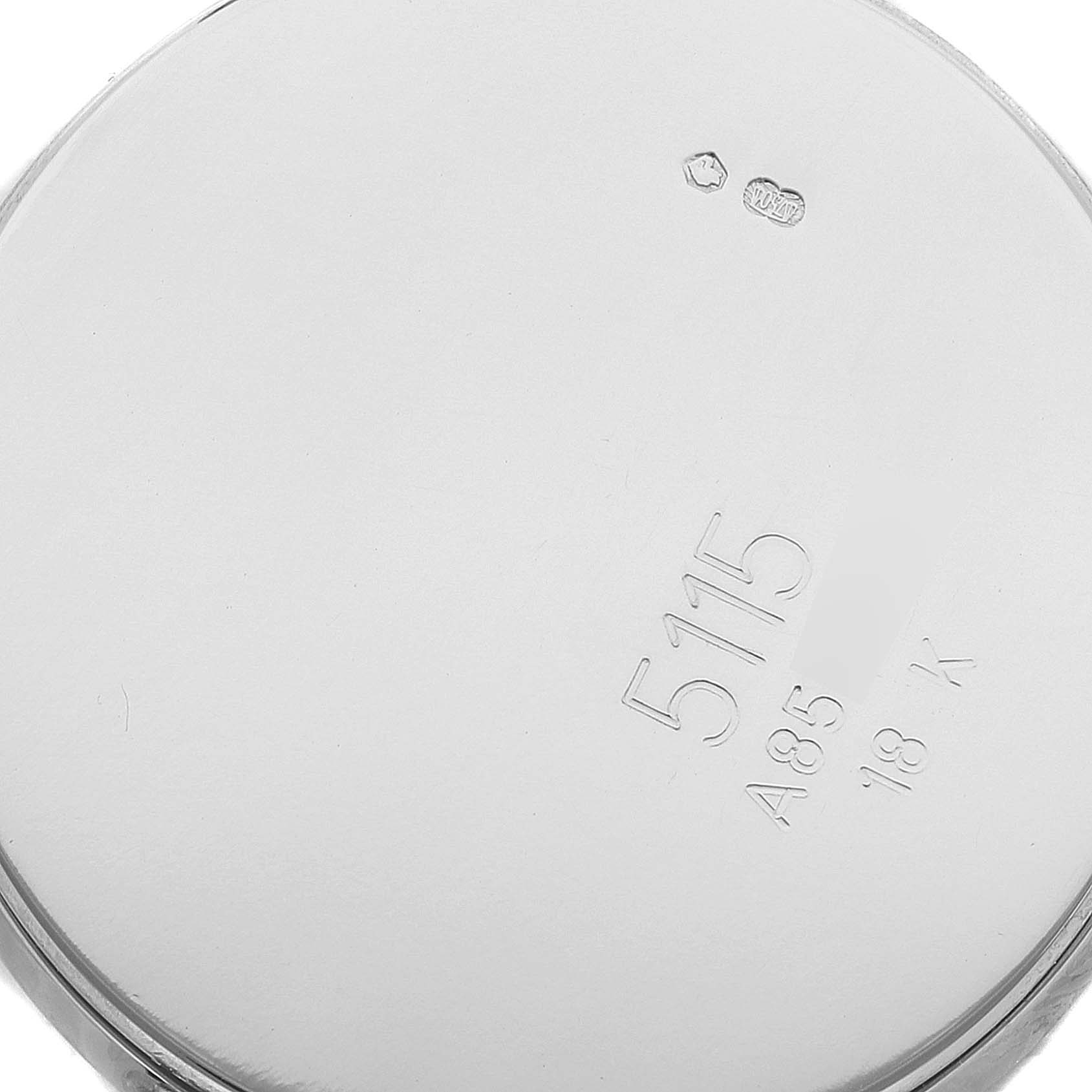 The image shows the back case of a Rolex Cellini 5115 Men's White Gold Brown Dial 5115 Men's White Gold Brown Dial 5115 watch with engraved markings and hallmarks.