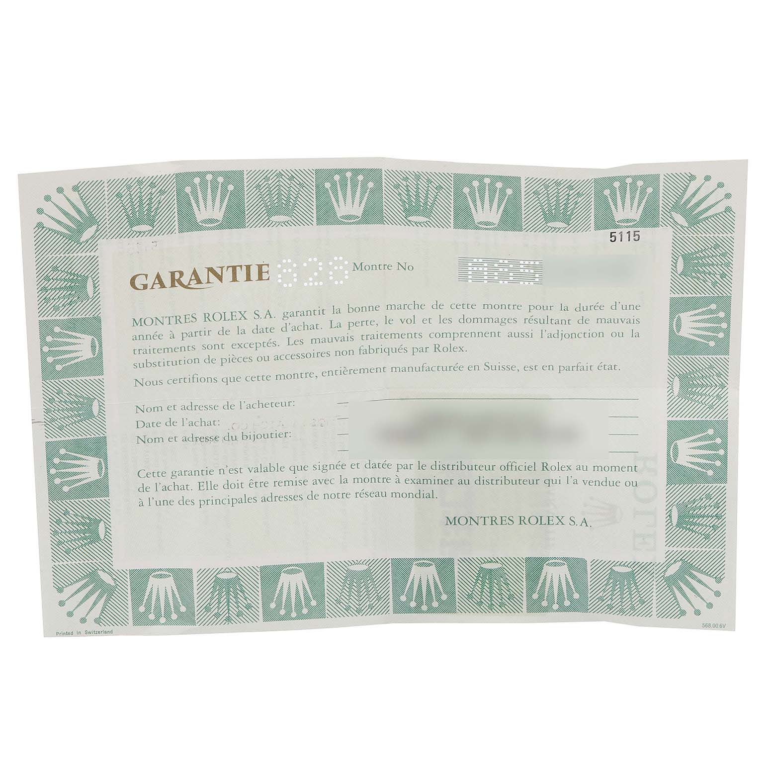 This image shows a warranty guarantee card for a Cellini model by Rolex.