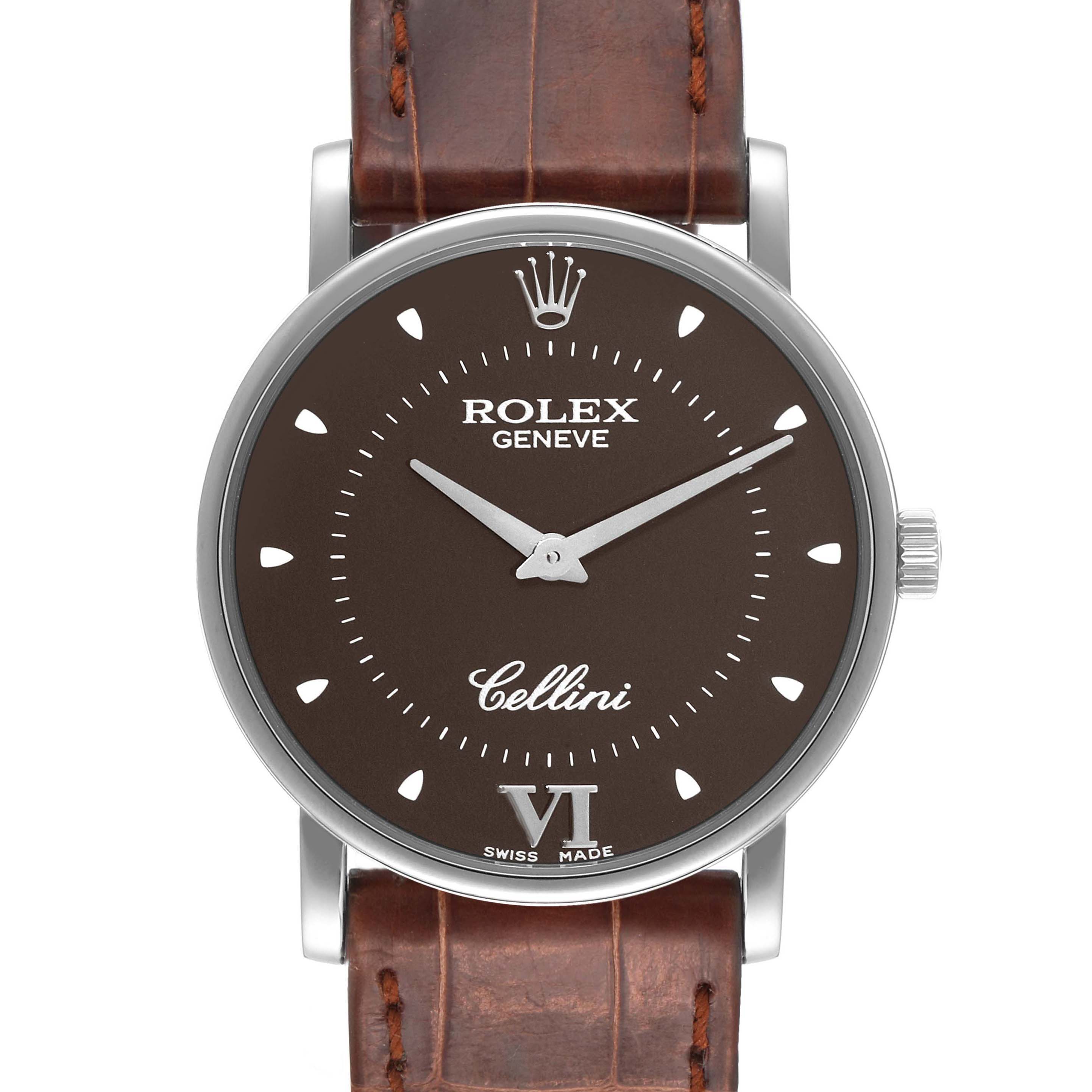 The Rolex Cellini 5115 Men's White Gold Brown Dial 5115 Men's White Gold Brown Dial watch is shown from a front angle, displaying its brown dial, silver hands, and brown leather strap.