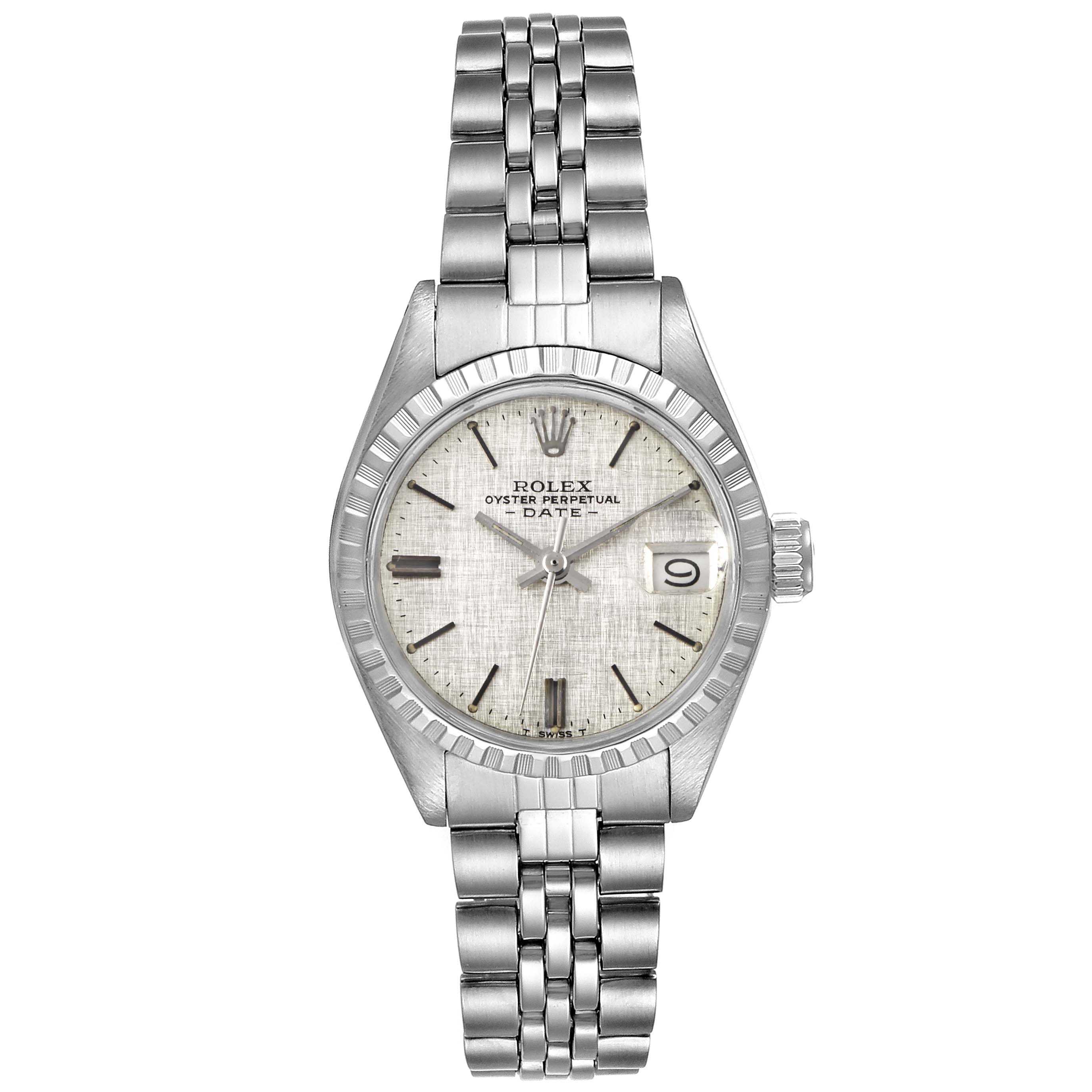 This is a front view of a Rolex Date 6924 Women's Stainless Steel Silver Dial 6924 Women's Stainless Steel Silver Dial model, showing its dial, bracelet, and case.