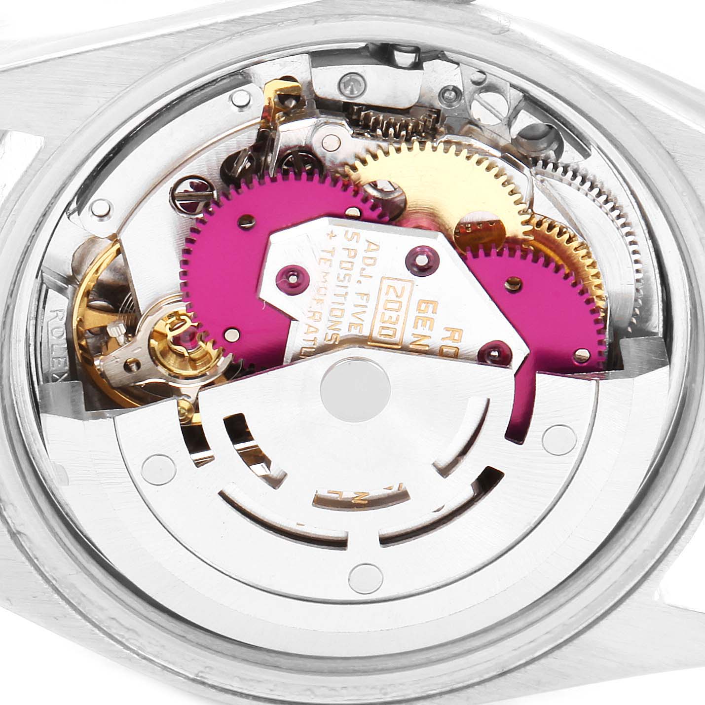 The image shows the internal mechanism and movement parts of a Rolex Date 6924 Women's Stainless Steel Silver Dial 6924 Women's Stainless Steel Silver Dial model watch from a direct overhead angle.