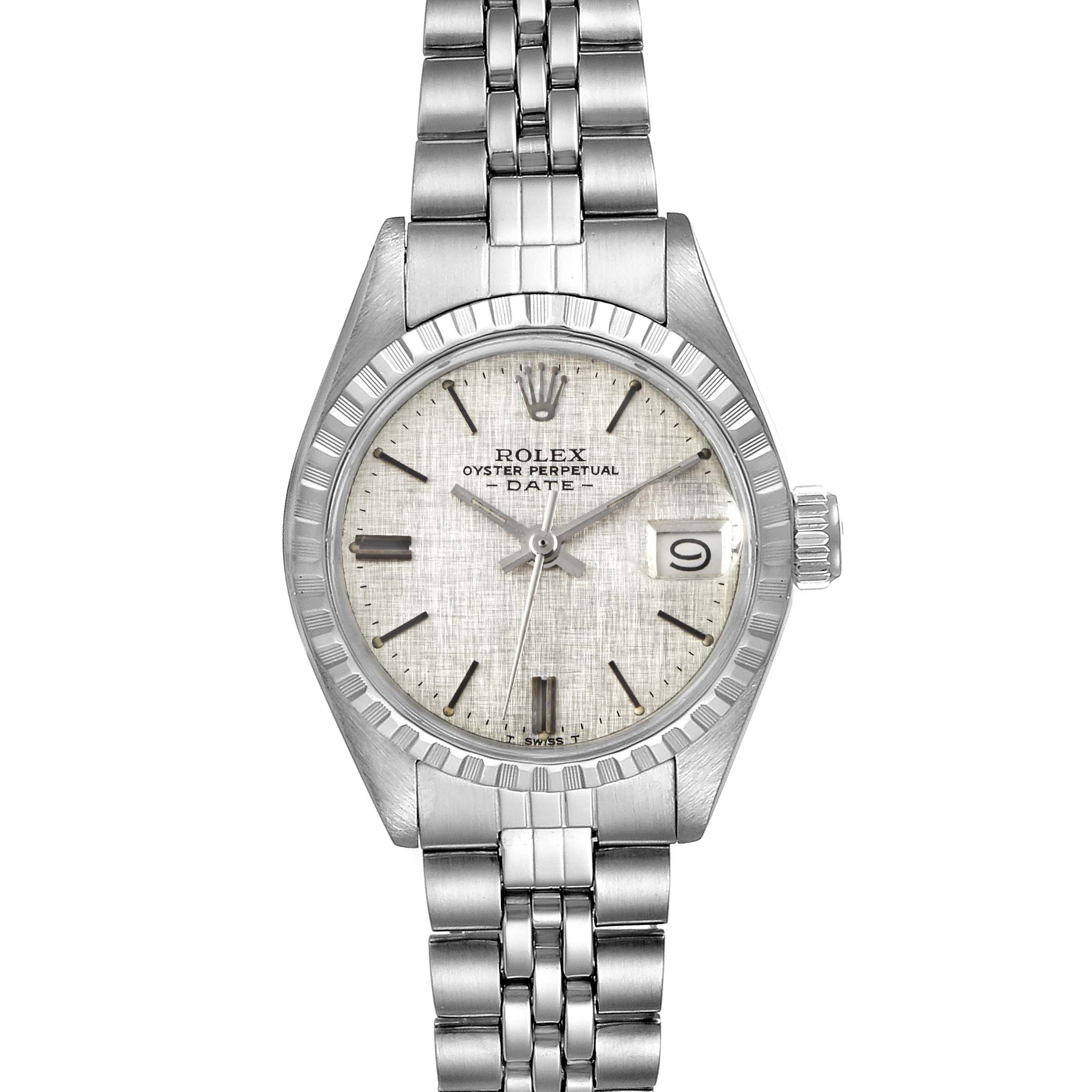 This image shows a front view of a Rolex Date 6924 Women's Stainless Steel Silver Dial 6924 Women's Stainless Steel Silver Dial model watch, highlighting its dial, hands, bezel, and bracelet.