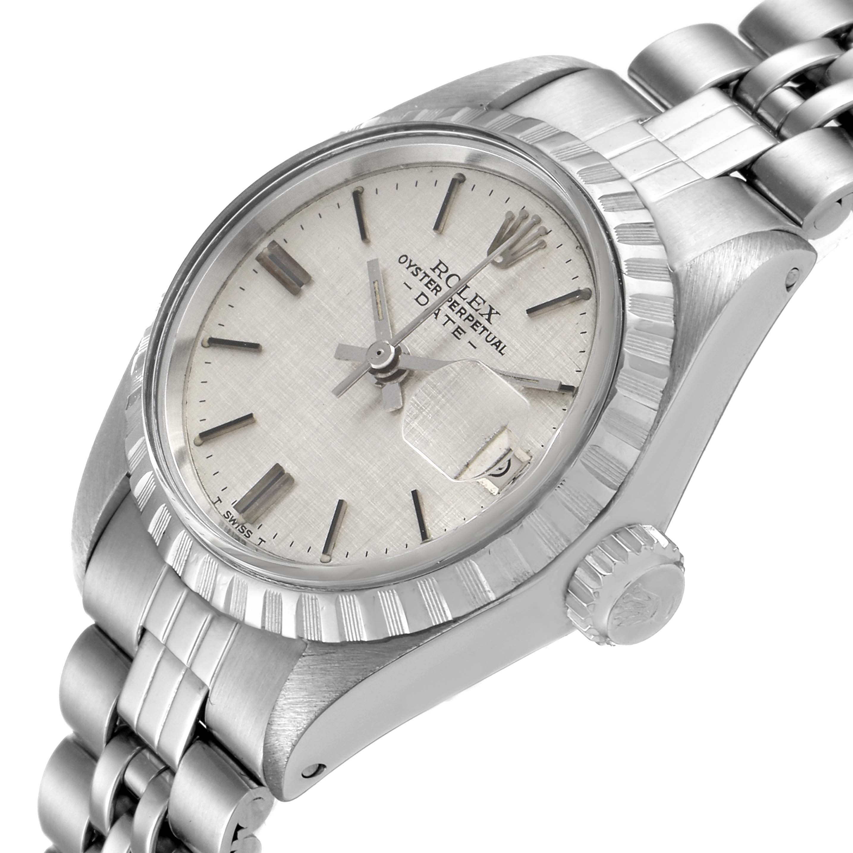 The image shows a side view of a Rolex Date 6924 Women's Stainless Steel Silver Dial 6924 Women's Stainless Steel Silver Dial model watch, displaying its face, bezel, crown, and bracelet.