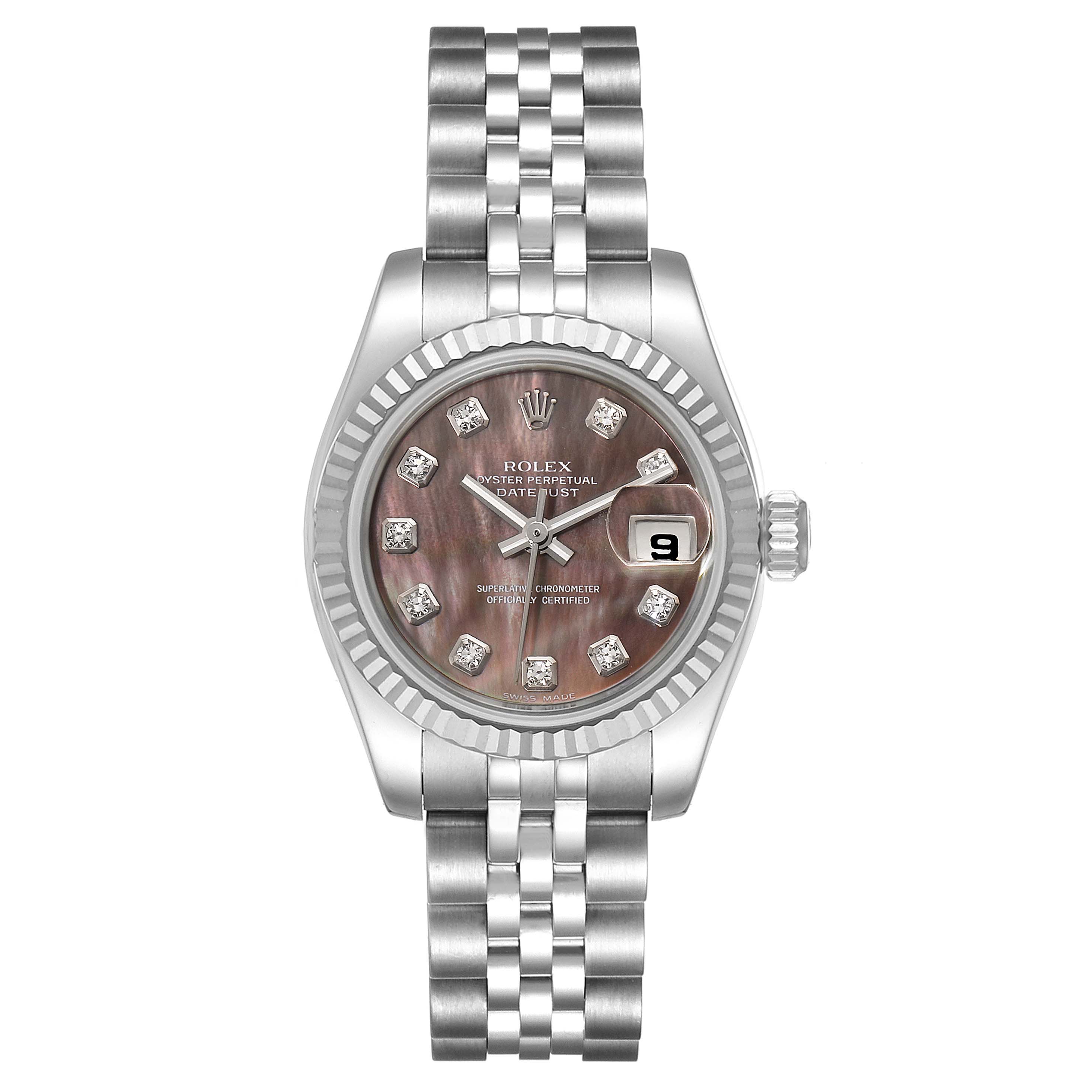 This image shows the front view of a Rolex Datejust 179174 Women
s Stainless Steel Mother of Pearl Dial 179174 Women
s Stainless Steel Mother of Pearl Dial watch, highlighting its face, fluted bezel, and part of the bracelet.