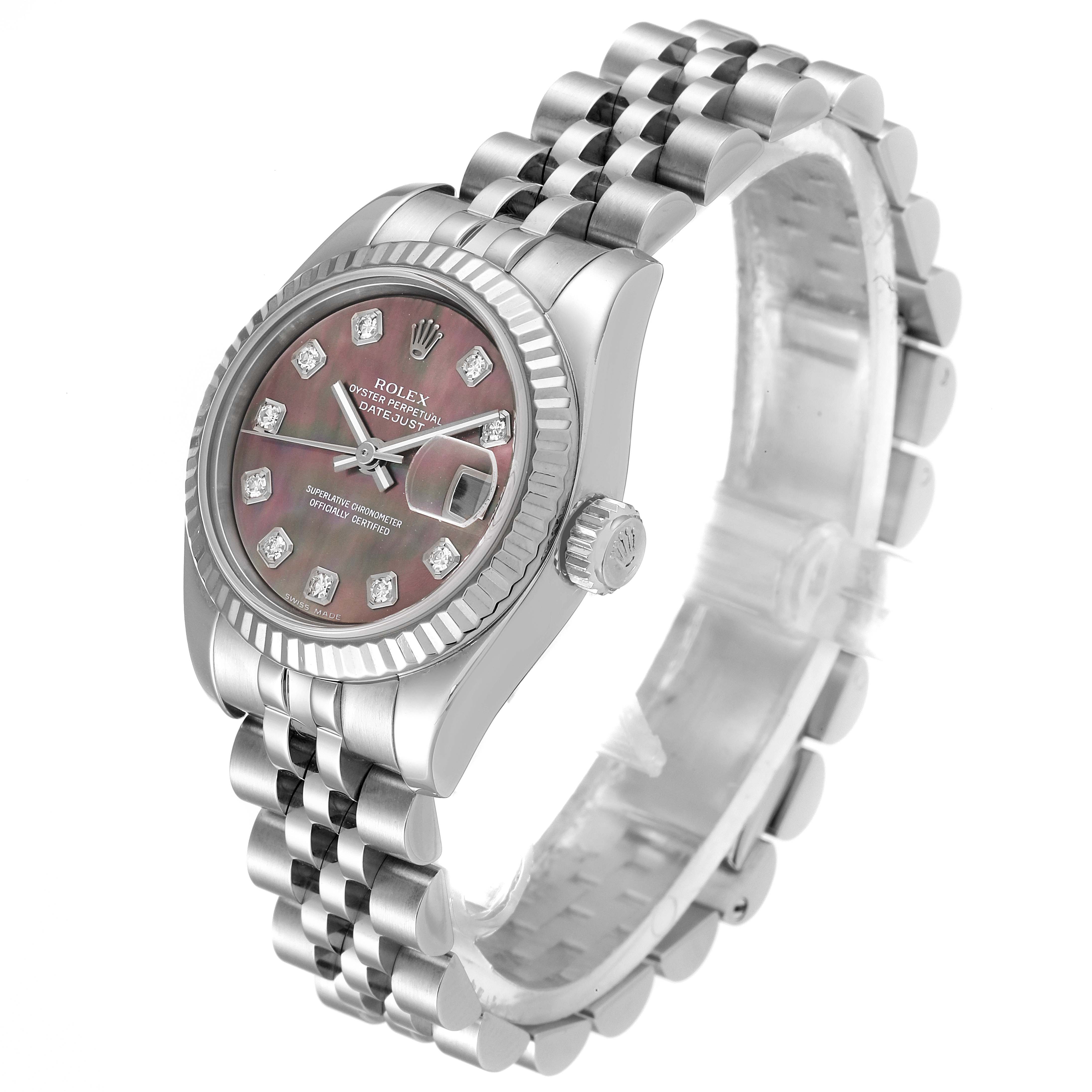 The image displays a Rolex Datejust 179174 Women
s Stainless Steel Mother of Pearl Dial 179174 Women
s Stainless Steel Mother of Pearl Dial watch at an angled view, highlighting the face, bezel, crown, and jubilee bracelet.