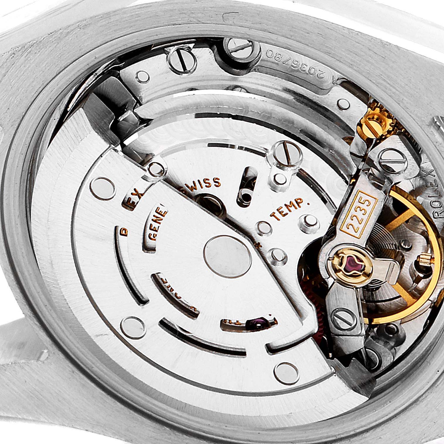 The image shows a close-up view of the movement mechanism inside a Rolex Datejust 179174 Women
s Stainless Steel Mother of Pearl Dial 179174 Women
s Stainless Steel Mother of Pearl Dial watch.