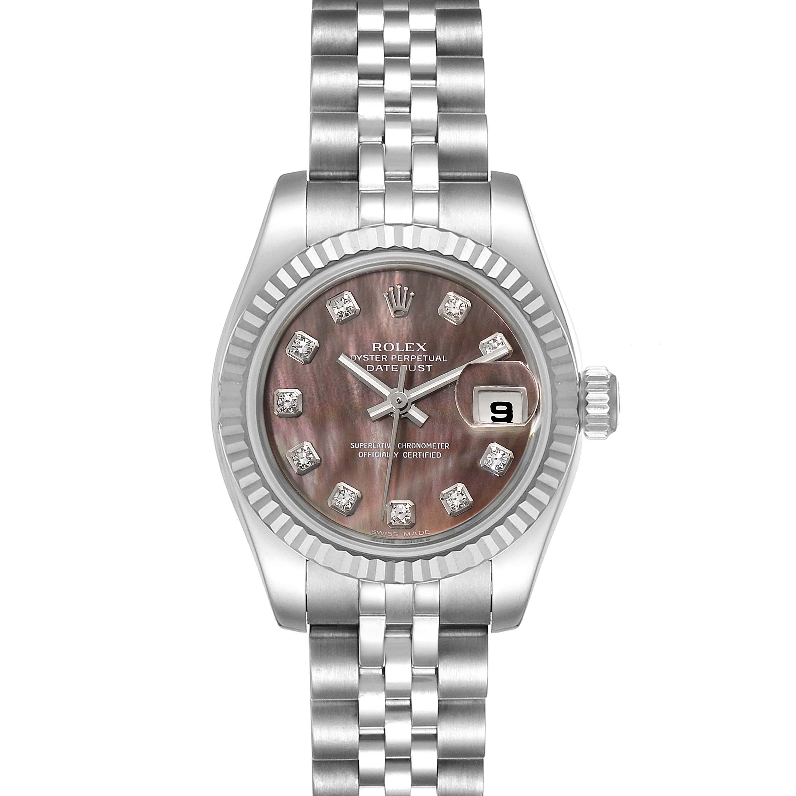 The image shows a front view of a Rolex Datejust 179174 Women
s Stainless Steel Mother of Pearl Dial 179174 Women
s Stainless Steel Mother of Pearl Dial watch, highlighting its dial, bezel, bracelet, and date window.